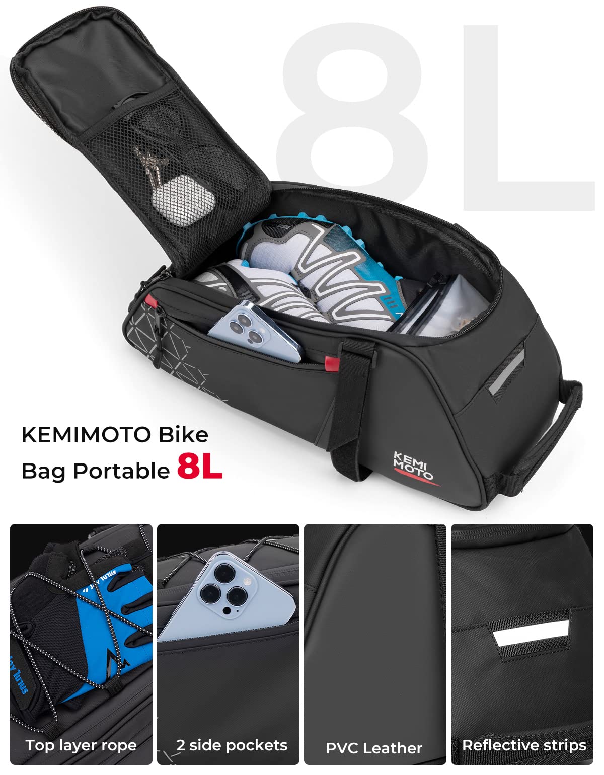 KEMIMOTO Rear Bike Rack Bag - 8L PVC Water Resistant Bicycle Bag for Road and Mountain Bikes - Black Commuter Bag for Grocery Shopping and Cycling