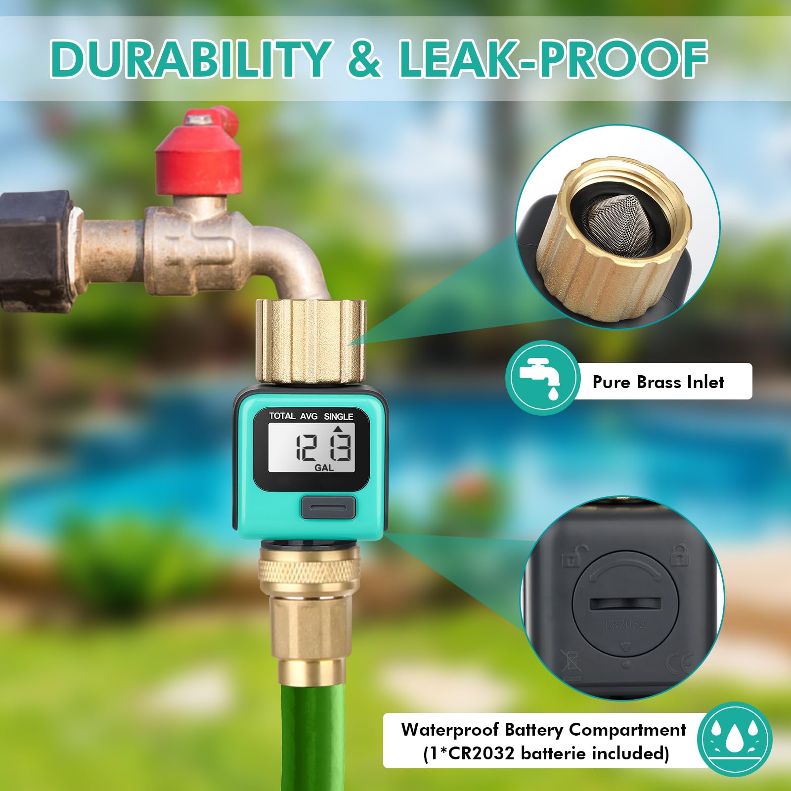 RESTMO Water Flow Meter with Brass Inlet Metal Thread, Measure Gallon/Liter Consumption and Flow Rate for Outdoor Garden Hose Watering, RV Water Tank Filling, Lawn Sprinkler and Nozzle Sprayer