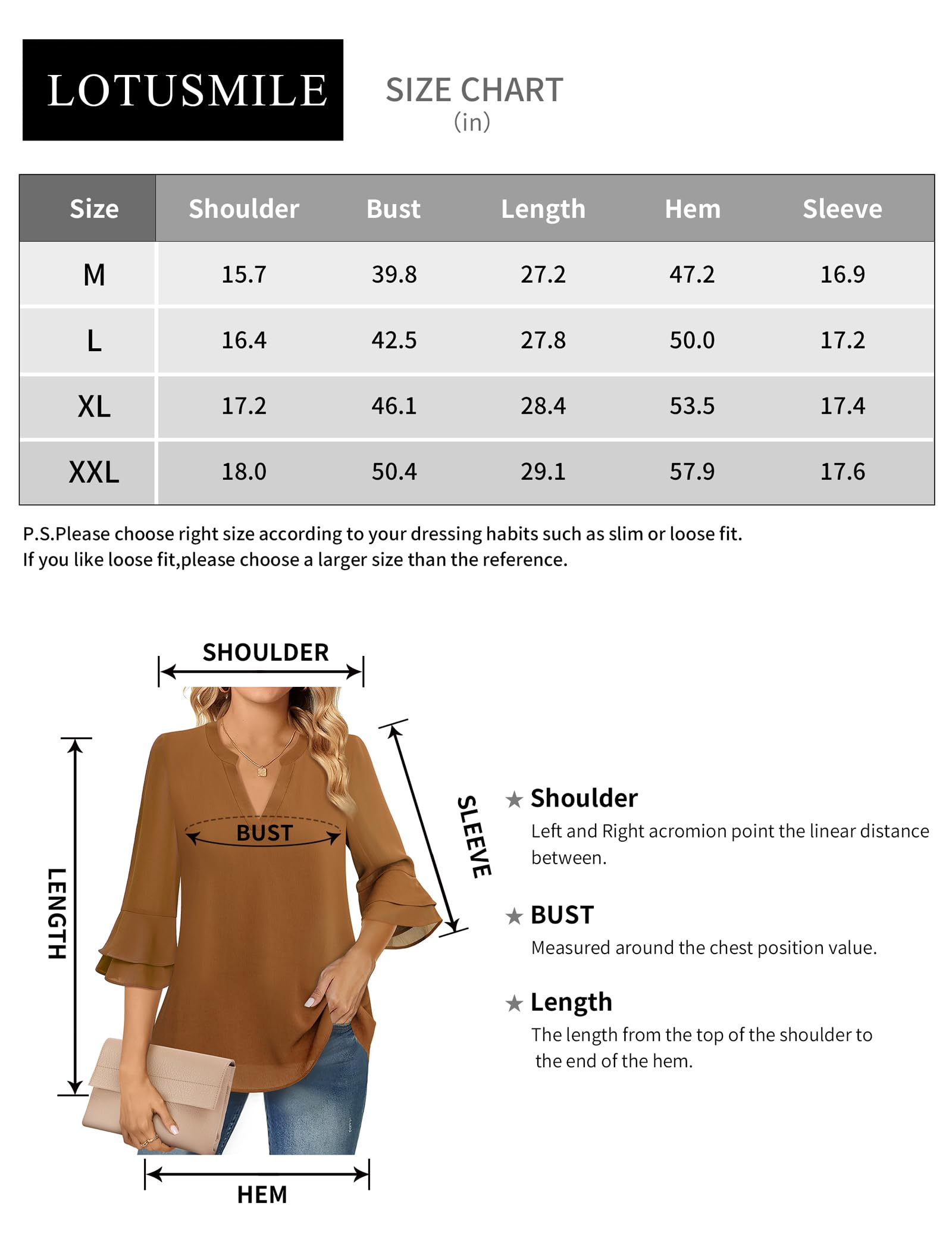 Lotusmile Casual Work Tops for Women, Ladies Chiffon 3/4 Sleeve Tops and Blouses for Fall Tunic Length Notch V Neck Top Work Outfits for Women Office (Marmalade, M)