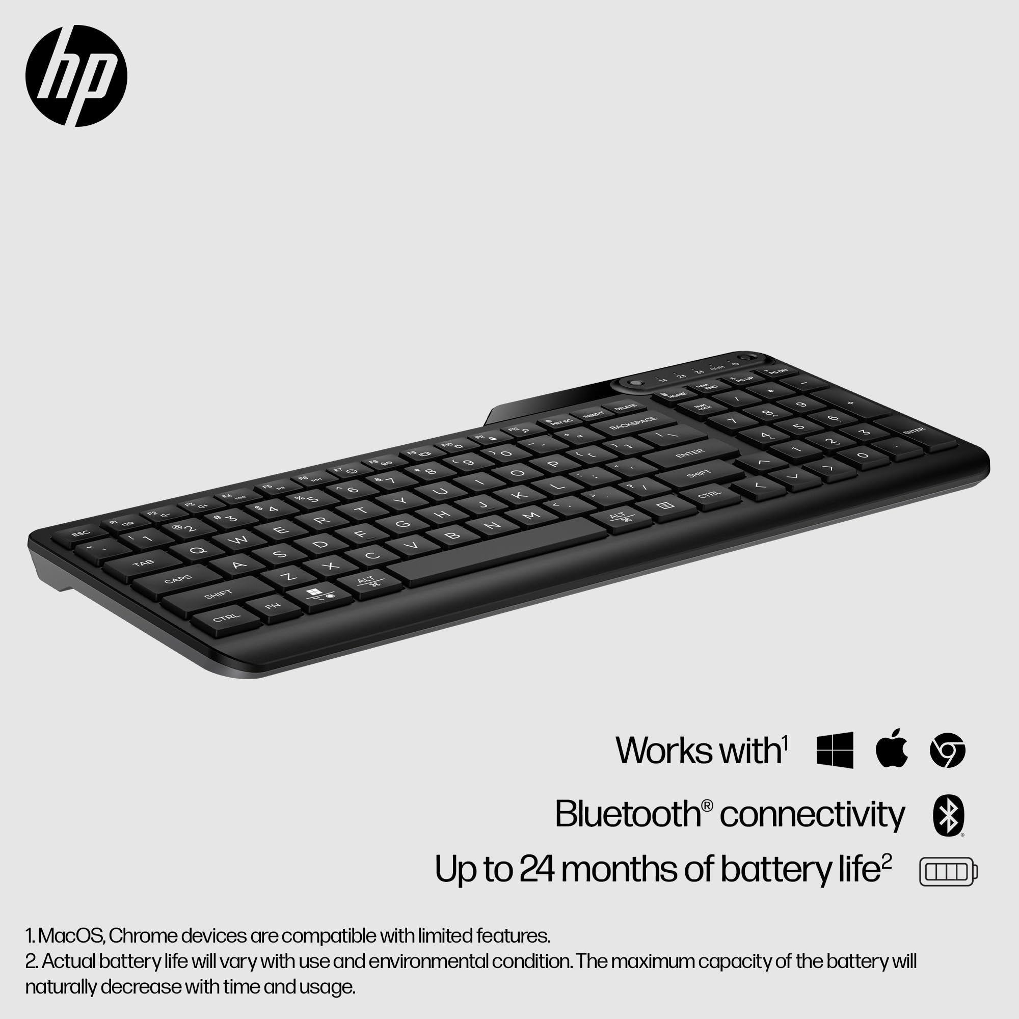 HP 460 Multi-Device Bluetooth Keyboard - Multi-OS Compatible - Full-Size Keyboard w/Numpad - 12 Programmable Buttons, Quick Switch Key - 24-Month, AAA Battery Life - Responsibly Made (Black)