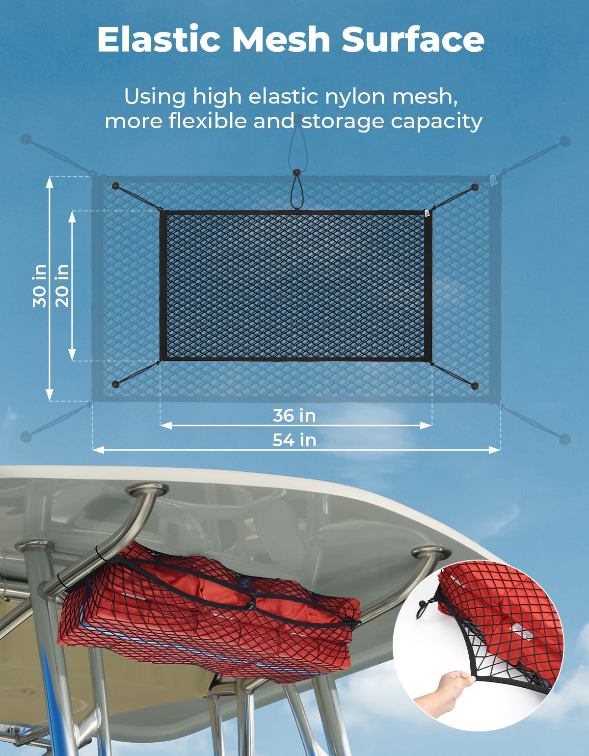 KEMIMOTO Mesh Boat Bag, Nylon T-Top Storage Bag Boat Organizer Holds up to 6 Life Jackets, Waterproof Marine Mesh T Bag for T-Top Hard Top Boats UTV