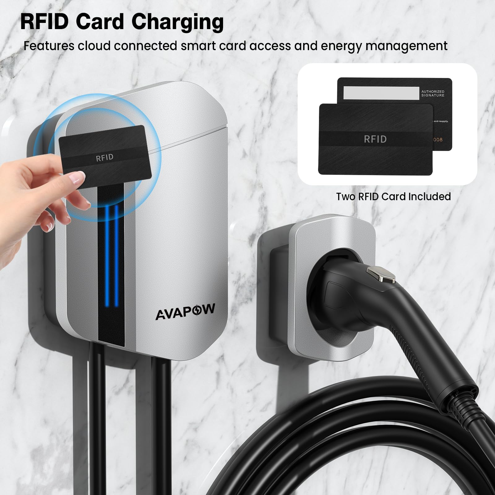 AVAPOW Level 2 EV Charger, Up to 48amp with App Control, 25ft Wall Electric Vehicle Charging, Set Current, Delay Charging, RFID Unlocking, NEMA 14-50 Plug, Electric Car Charger Fit for J1772 EVs