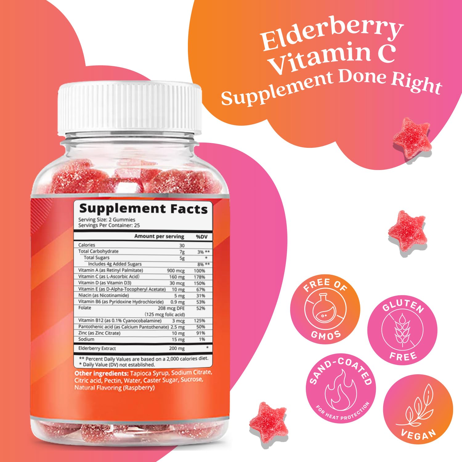 BeLive Elderberry Gummies with Zinc and Vitamin C , D, A, E, B12 - 50 Ct I Immune Support Supplement for Healthy Bones & Teeth, Sugar Free Vegan, Keto & non-GMO - Raspberry Flavor