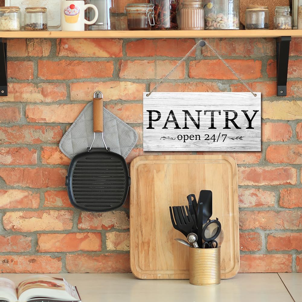 Hanging Pantry Room Sign Pantry Open 24/7 Wood Plaque Signs Wall Hanging for Farmhouse Home Restaurant Coffee Shop Decor, Kitchen Pantry Signs Wall Decor 11.8 x 5.9 Inches - JY783