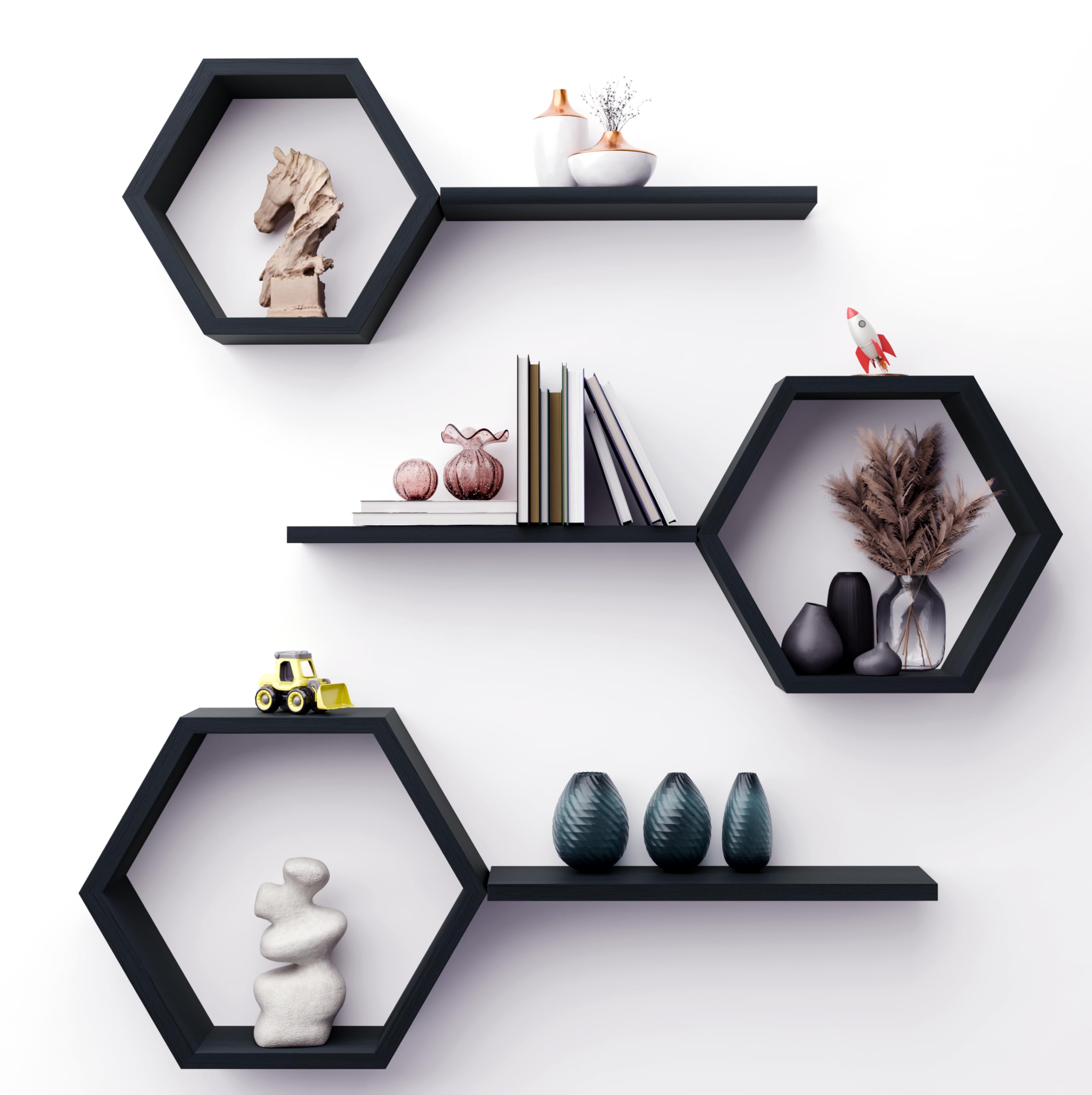 Decovate Hexagon Floating Shelves Set of 6 Honeycomb Shelves for Wall, Wooden Hexagon Shelves for Farmhouse Storage (Carbonized Black)