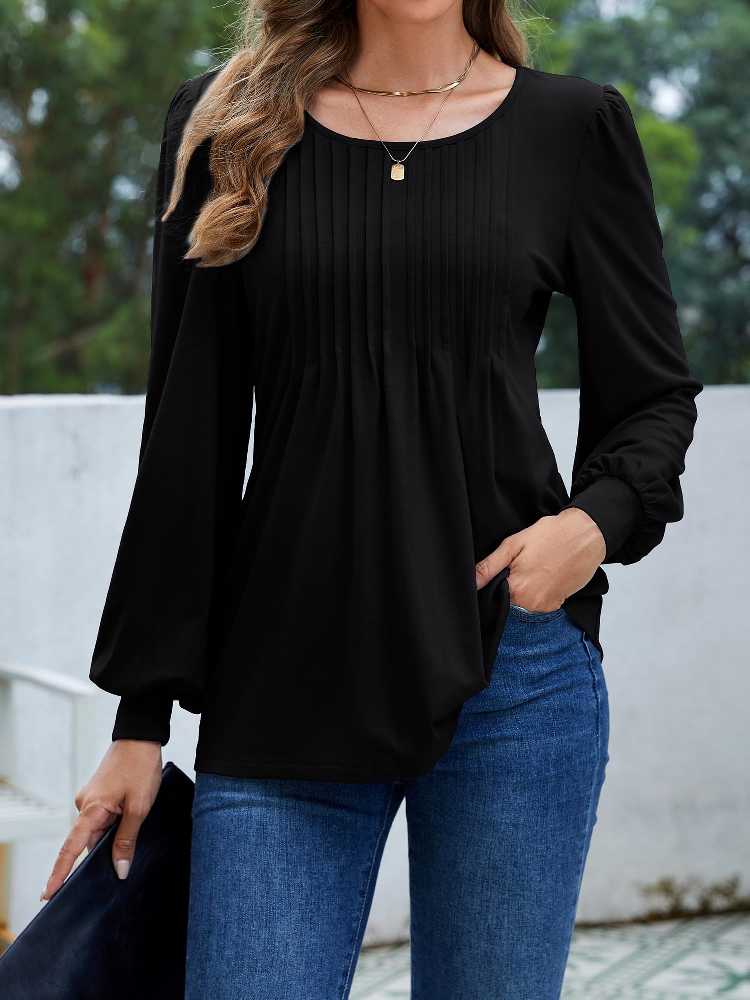 Long Sleeve Shirts for Women Fall Fashion 2025 Womens Tunic Tops Pleated Crew Neck Puff Sleeve Blouses Dressy Casual (Black,L)