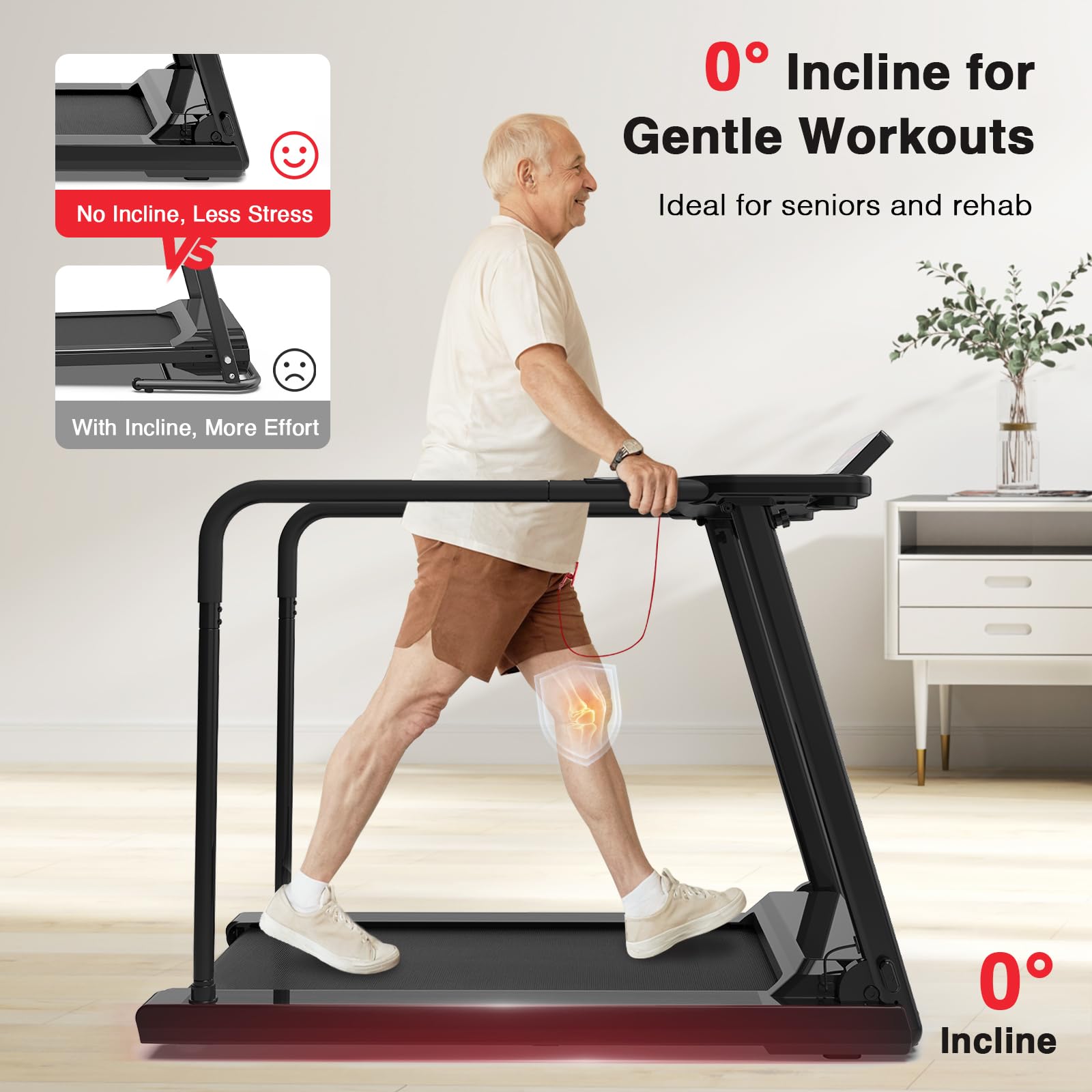Redliro Treadmill for Seniors with Long Handrails - Flat 0% Incline Recovery Walking Treadmill with Desk, Cup Holder & Wheels - 300 lbs Capacity for Home Exercise