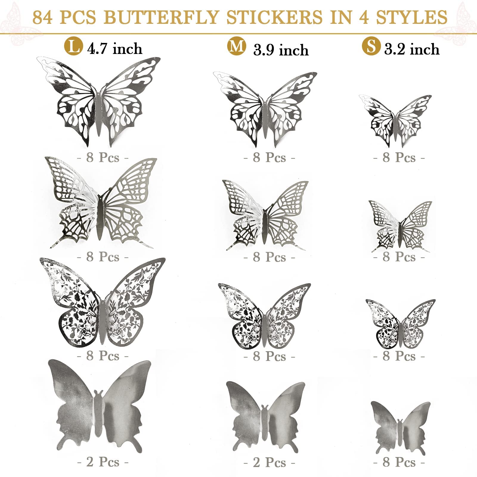 PartyWoo Butterfly Wall Decor, 84 pcs 3D Butterfly Wall Decals, 3 Sizes Removable Room Decor Stickers, Butterflies Decorations Murals for Cake Party Window Crafts