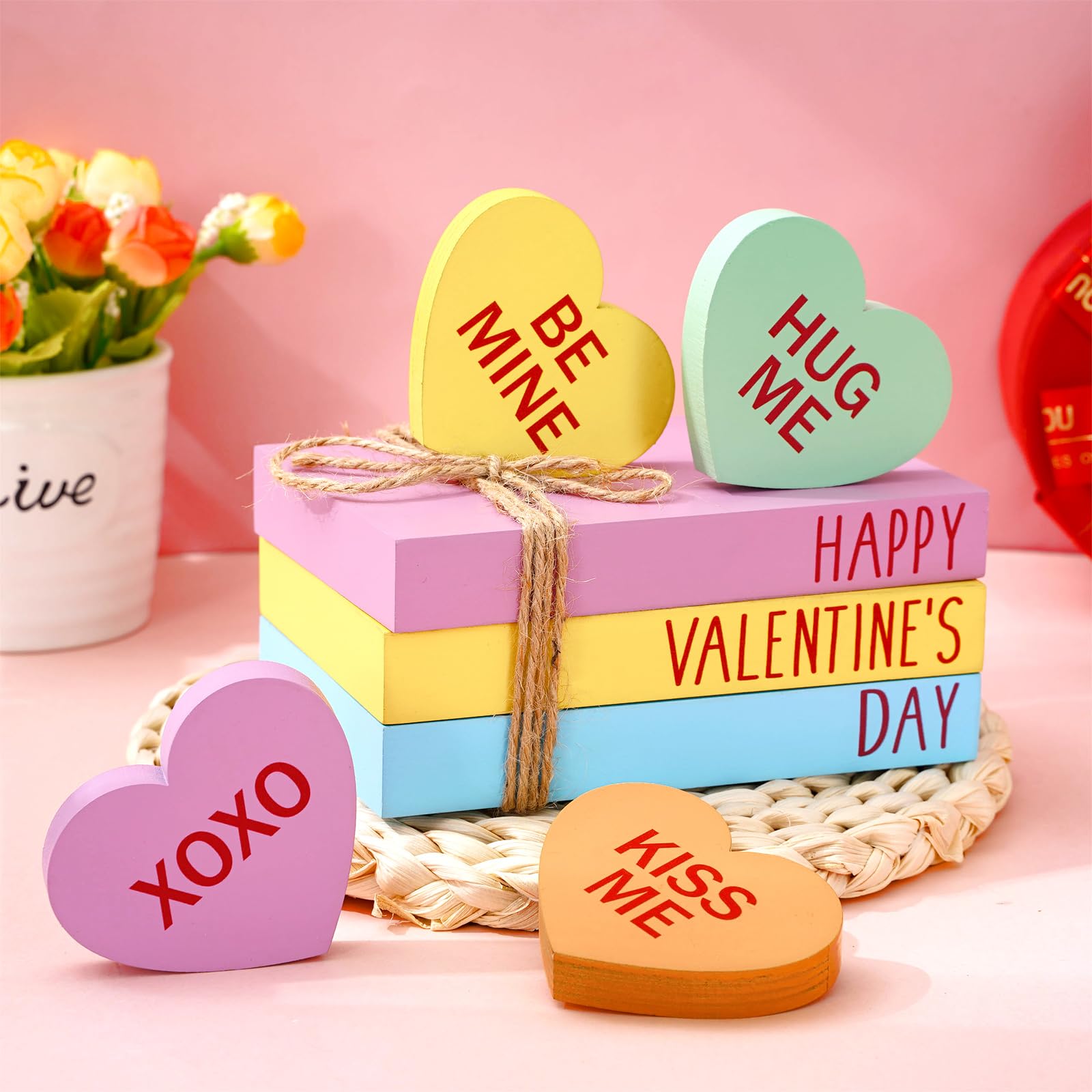 Whaline Valentine's Day Faux Stacked Books Conversation Heart Tiered Tray Decor Candy Decorative Wooden Table Centerpiece Block Signs for Party Home Kitchen Dining Table Decor