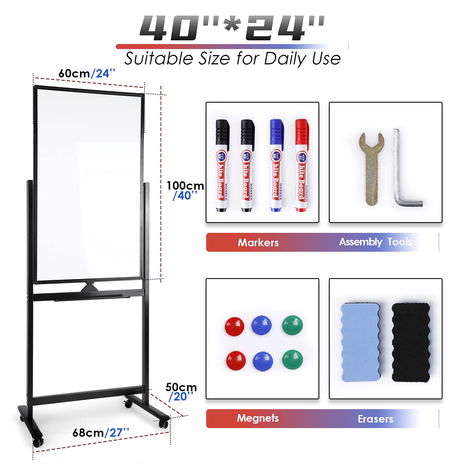 Mobile Whiteboard, 40x24 inches Double Sided Reversible Whiteboard on Wheels, Rolling Stand Portable Easel Frame for Office Classroom Home, Black