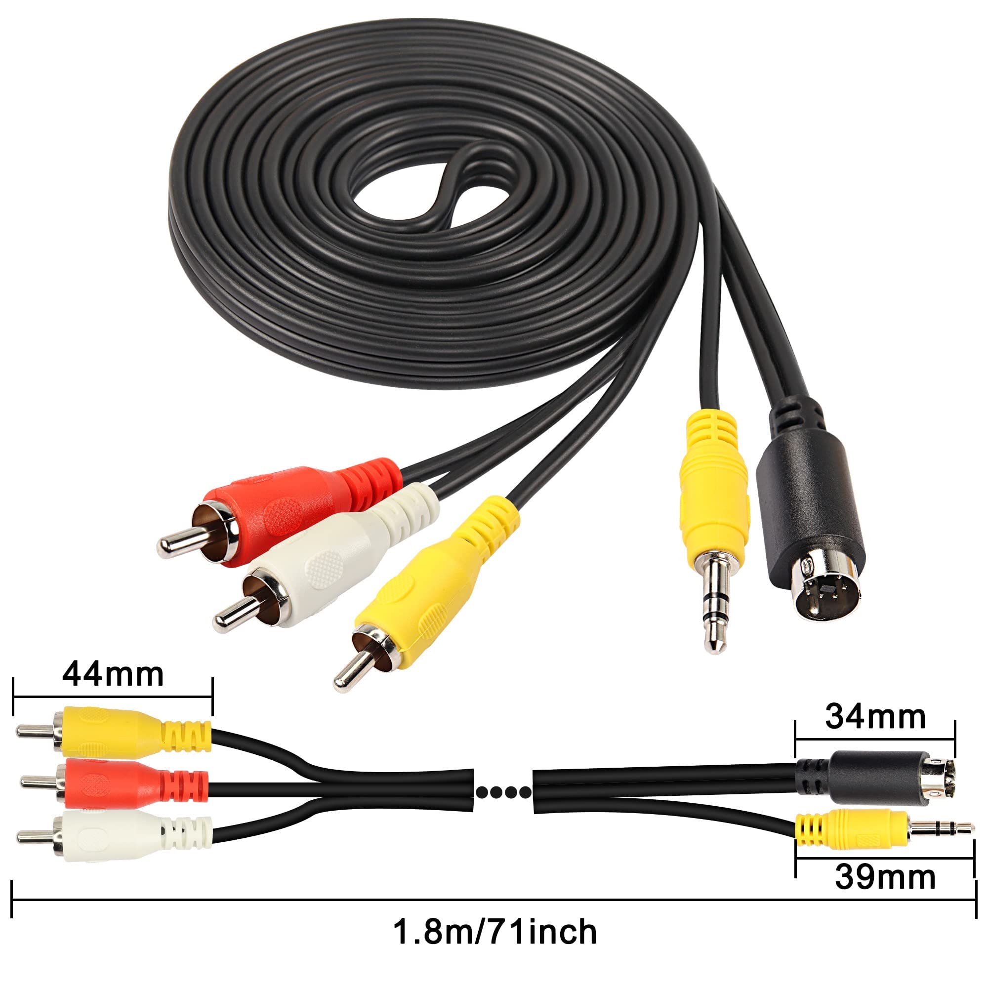 XMSJSIY S-Video 7 Pin with 3.5mm 1/8" TRS Male to 3 RCA Male Composite Video Extender Cable Adapter for DVD,TV,HDTV,CD Players,PC Laptop-1.8M