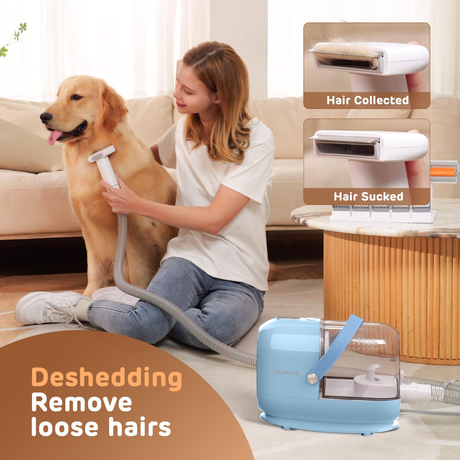 HEAPETS Dog Grooming Vacuum Kit, 3L Pet Grooming Vacuum with 7 Pet Grooming Tools, Dog Vacuum for Shedding Grooming at Home with Low Noise Electric Clipper and Brush, Blue-Light Blue