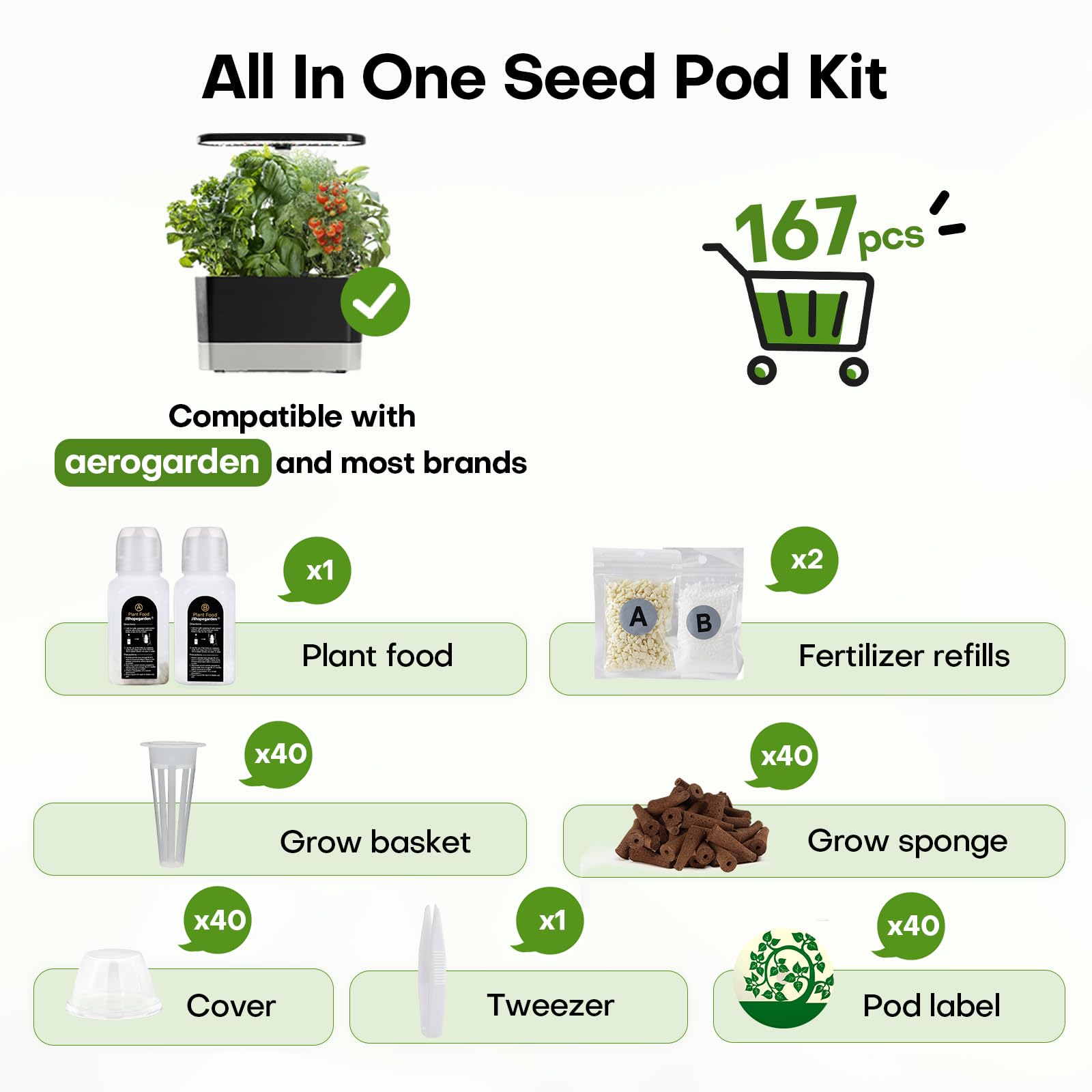 Ahopegarden 167 Pcs Seed Kit for Aerogarden for Gardencube Hydroponics Growing System, Grow Kit for Indoor Garden with 40 Grow Sponges, 40 Grow Baskets, 40 Covers, 40 Labels, 6 A&B Plant Food