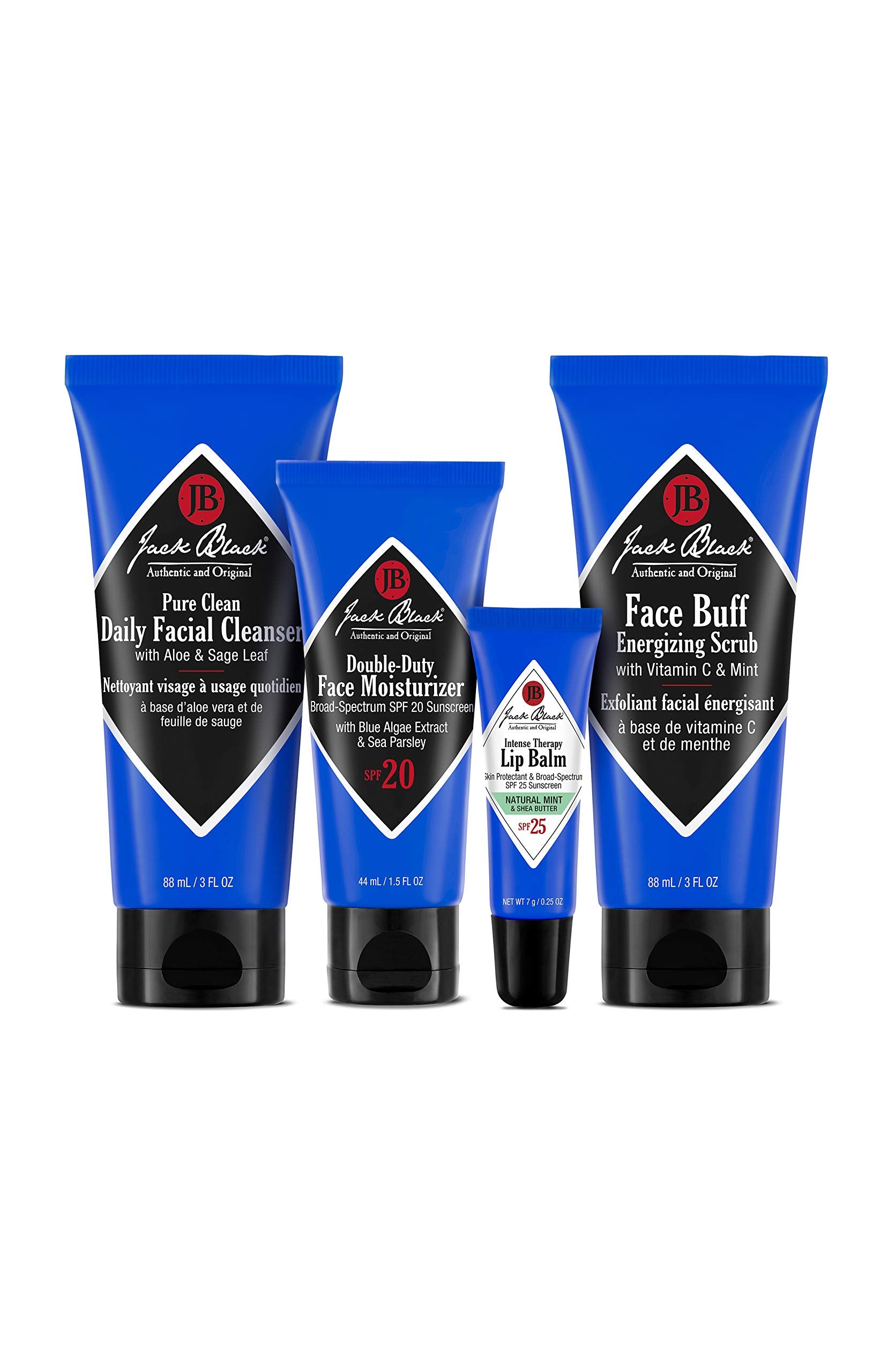 Jack Black Skin Saviors Set – Pure Clean Daily Facial Cleanser, Double-Duty Face Moisturizer SPF 20, Intense Therapy Lip Balm SPF 25 Natural Mint & Shea Butter, & Face Buff Energizing Scrub