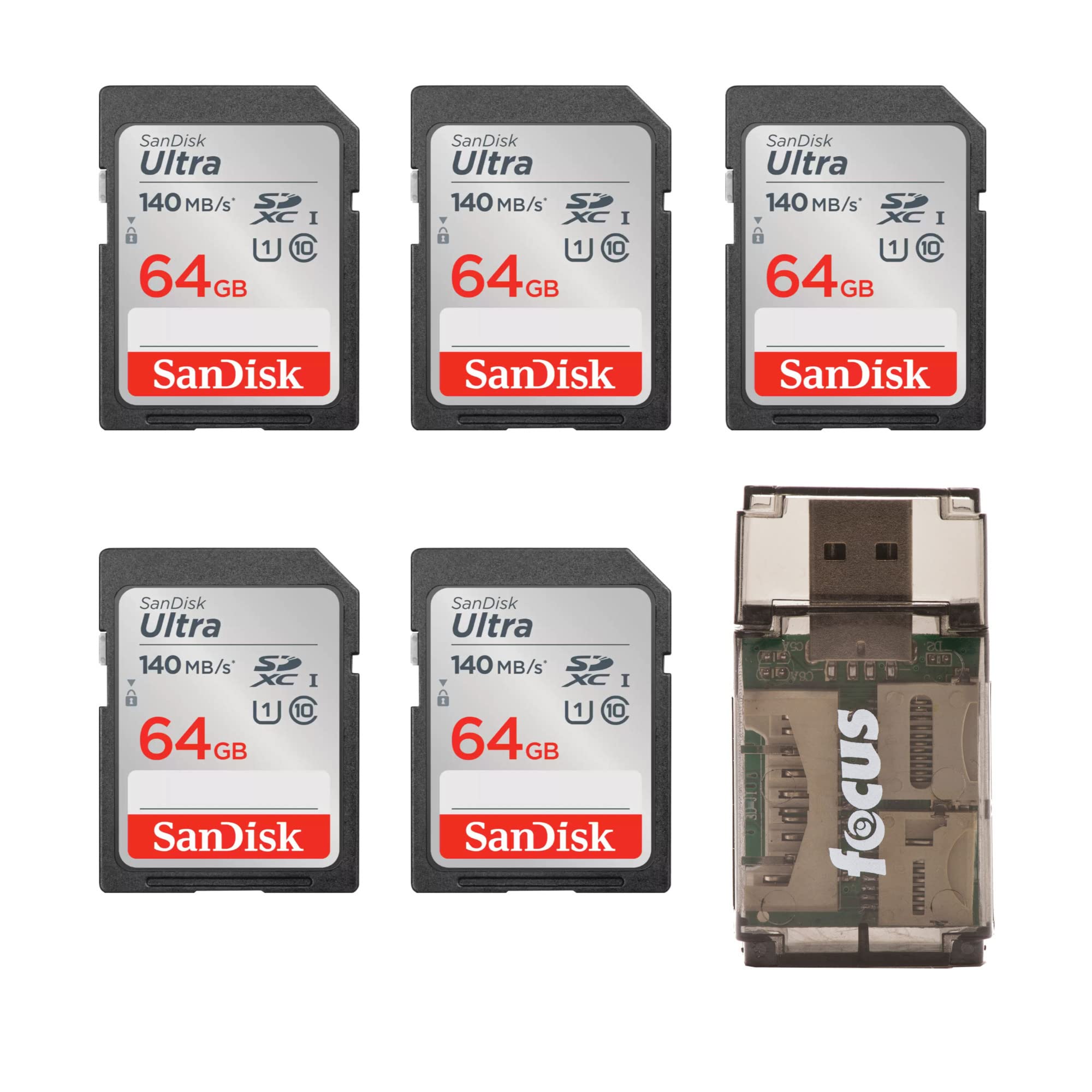 SanDisk 64GB Ultra Class 10 140 MB/s UHS-I SDXC Memory Card (5-Pack) Bundle with All-in-One High Speed Card Reader (6 Items)
