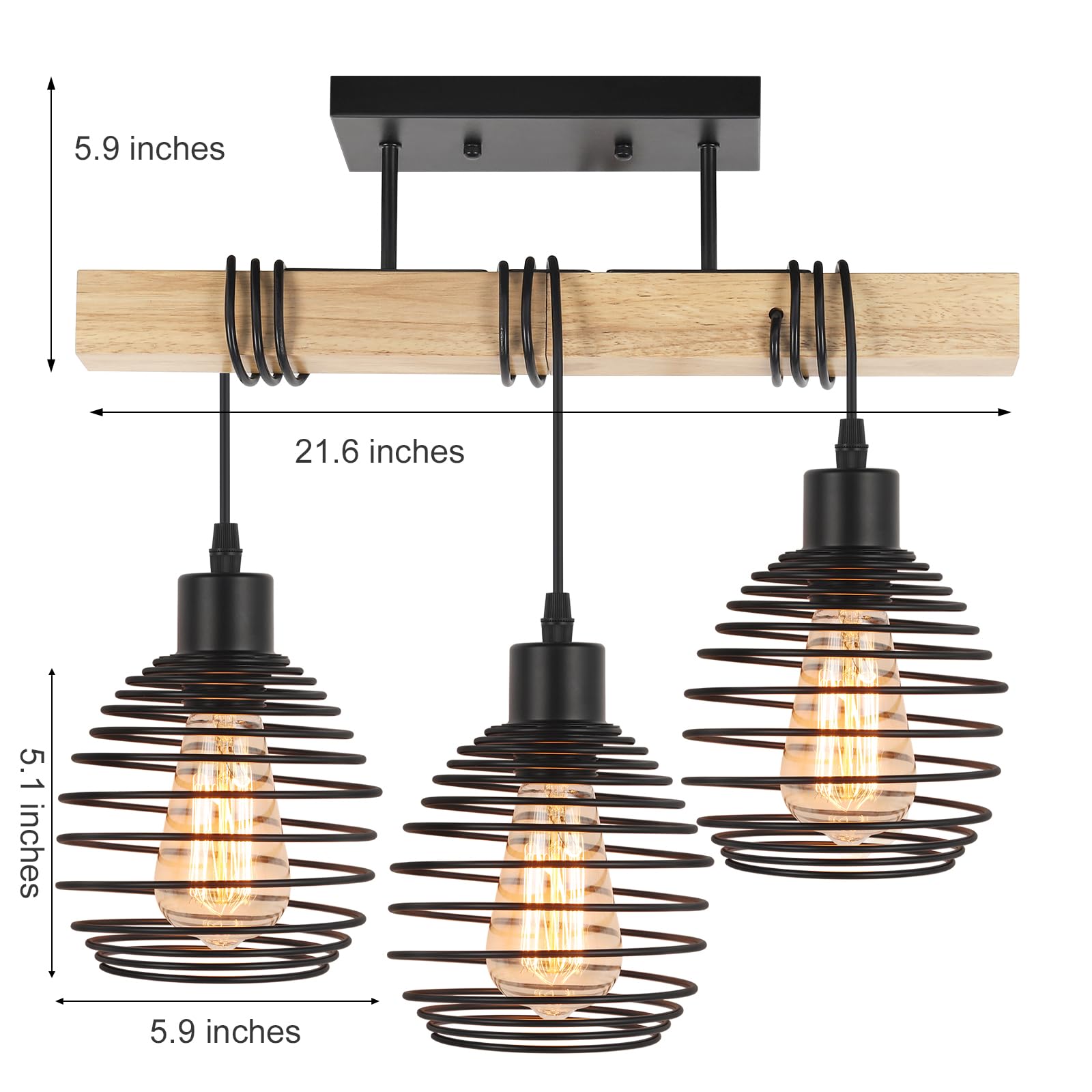 Farmhouse Ceiling Light 3-Light Wood Semi Flush Mount Ceiling Light Fixture Industrial Ceiling Lamp for Bedroom Living Room Entryway