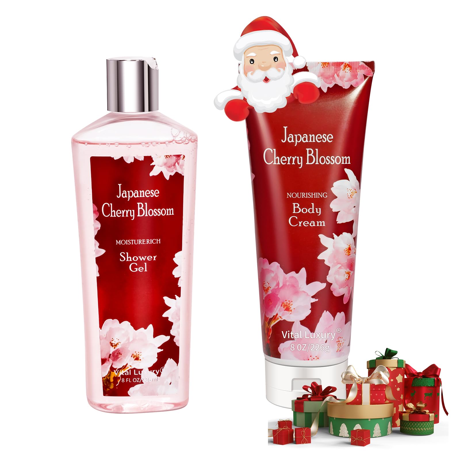 Vital Luxury Japanese Cherry Blossom Shower Gel and Body Cream Set - Nourishing and Moisturizing Daily Skincare - 8 fl.oz / 236mL Each, Christmas Gifts for Her and Him (Japanese Cherry Blossom)