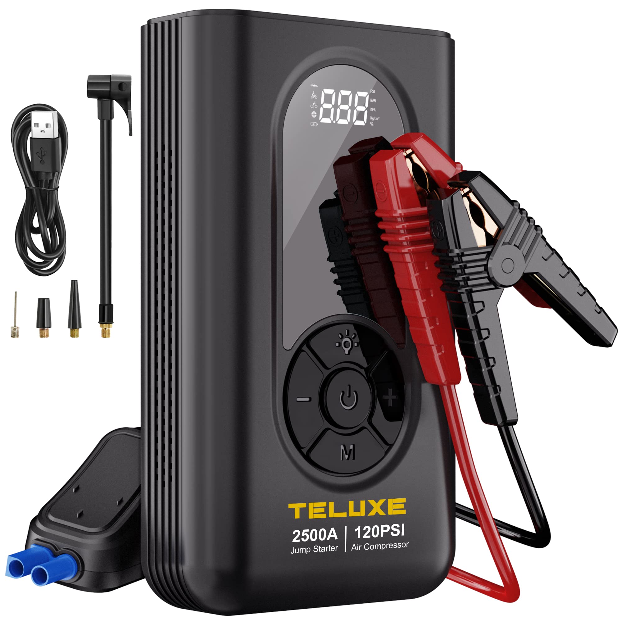 TELUXE Jump Starter with Air Compressor, 2500A 150PSI Car Battery Jump Starter with Digital Tire Inflator, 12V Lithium Jump Box for Vehicles, Car Battery Booster for 8.5L Gas or 6.0L Diesel Engines.