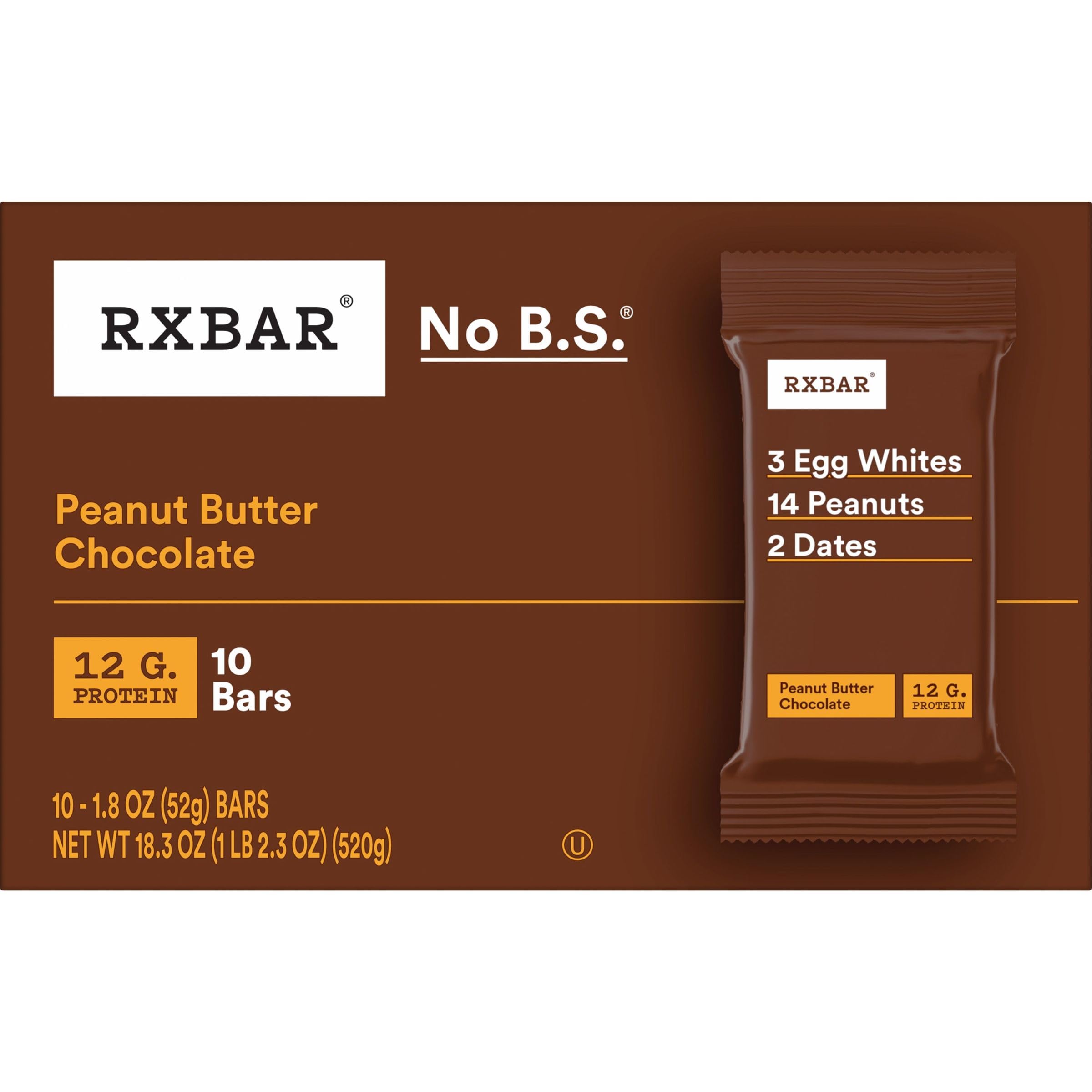 RXBAR Protein Bars, Protein Snack, Snack Bars, Peanut Butter Chocolate, 18.3oz Box (10 Bars)