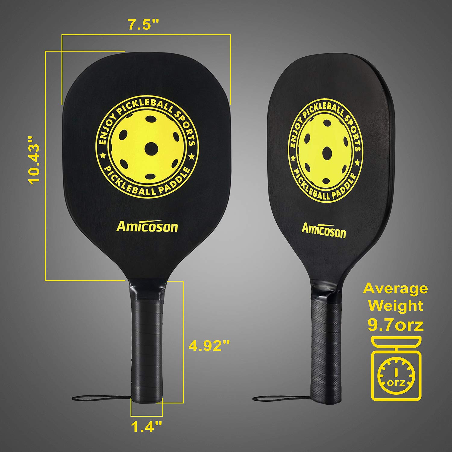 Amicoson Pickleball Paddles - Set of 4 Paddles, Indoor & Outdoor Balls, Paddle Wood Racket Ergonomic Cushion Grip, 8 Balls 1 Carry Bag