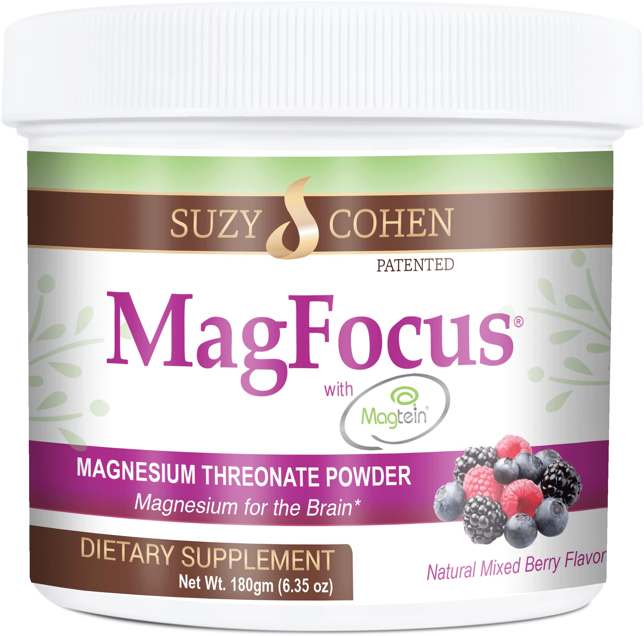 Suzy Cohen MagFocus Magnesium L-Threonate Powder with Magtein (Mixed Berry) Plus Magnesium Glycinate for Wellness, Focus, and Cognition - Gluten-Free, Non-GMO, Vegetarian (60 Servings)