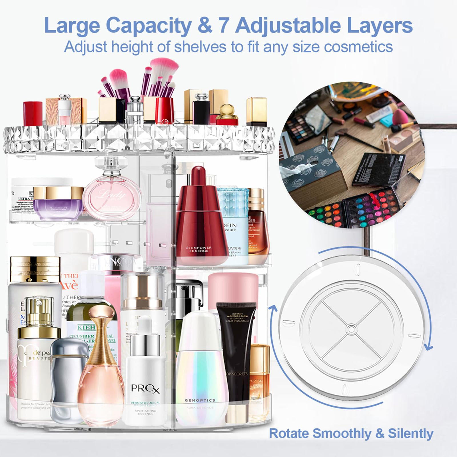 MISERWE 360 Rotating Makeup Organizer, DIY Adjustable Makeup Carousel Spinning Holder Rack, Large Capacity Cosmetic Brush Lipstick Storage Organizer Box for Vanity