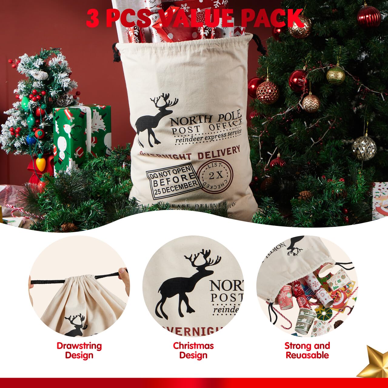 JOYIN 3 PCS Santa Burlap Sack present Bags with Drawstring 26" x 19" for Large Xmas Package Storage, Event Party Supplies, Christmas Party Favors.