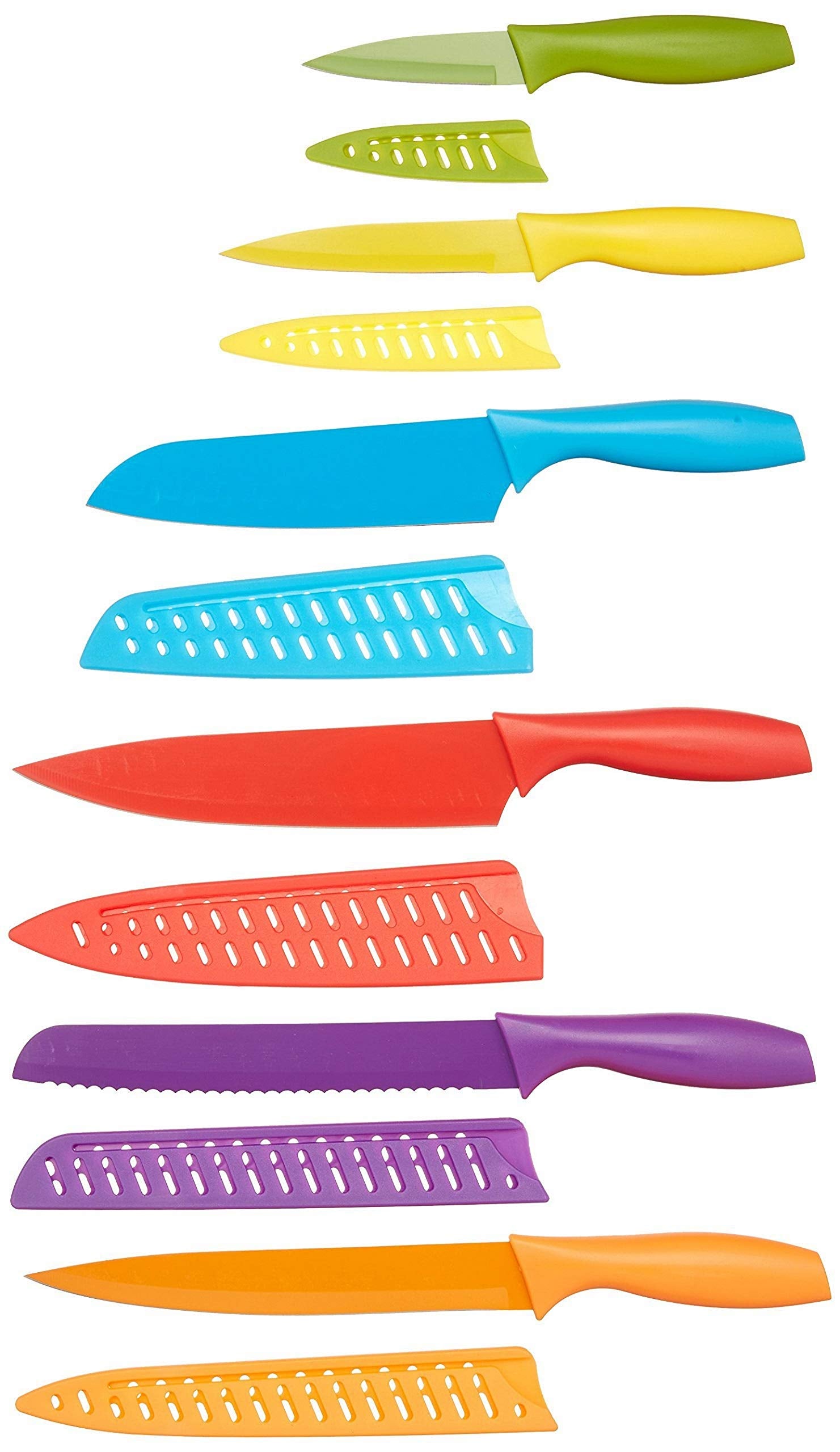 Amazon Basics Color-Coded Dishwasher Safe Kitchen 12-Piece Knife Set, 6 Knives with 6 Blade Guards, Multicolor, 13.88 x 4.13 x 1.38 inch