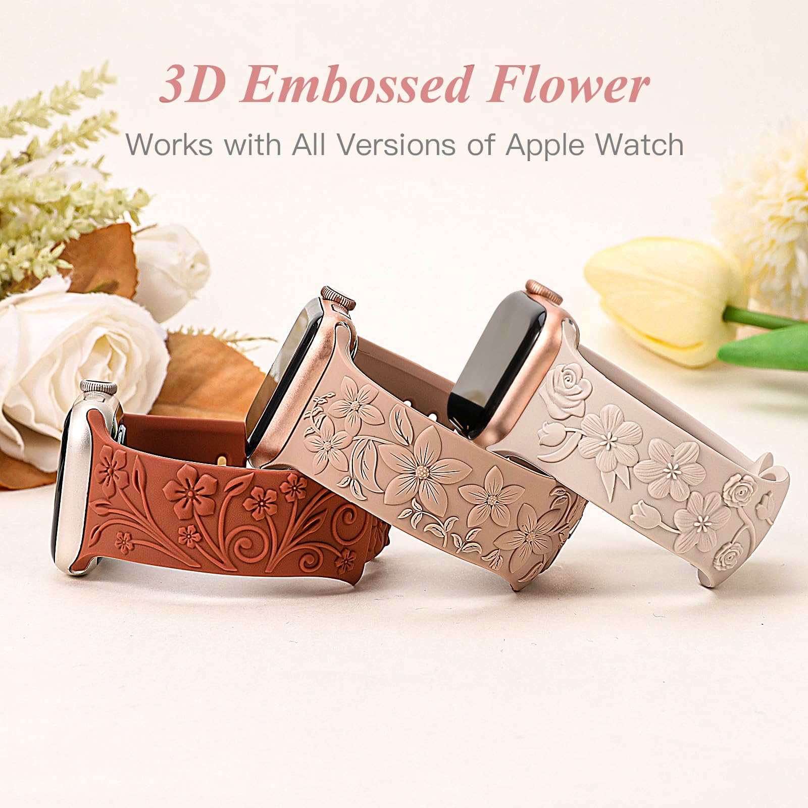 TOYOUTHS 3 Pack 3D Floral Engraved Bands Compatible with Apple Watch Bands 42mm 41mm 40mm 38mm Women, Soft Silicone Embossed Cute Flower Dressy Fancy Straps for iWatch Series 10/9/SE/8/7/6/5/4/3/2/1