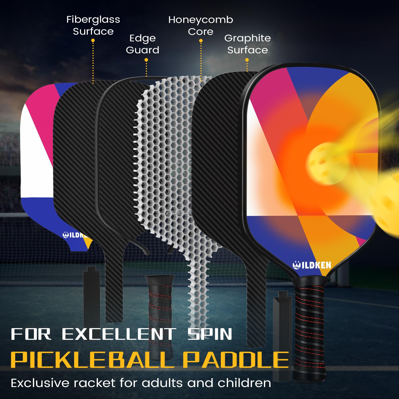 WILDKEN Pickleball Paddles,Double-Sided Pattern Pickle Ball Paddles Set of 2 with Non-Slip Ergonomic Absorbent Soft Grip Pickle Ball Rackets 2 Pack,Pickleball Set Sport Gifts,Black,Standard