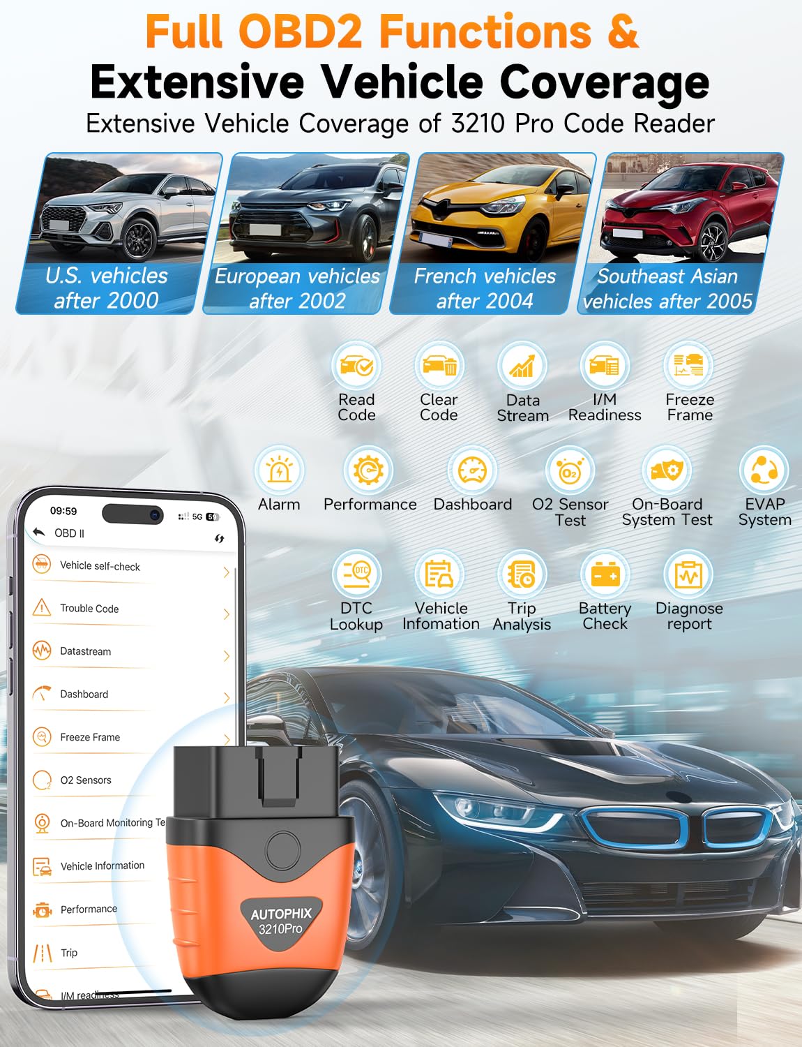 AUTOPHIX Bluetooth Car Code Reader, 3210 Plus OBD2 Scanner SRS Transmission ABS Check Engine Diagnostic Tool Wireless Auto Scan Tool with Performance Test Live Data Clear Error Code for All Cars