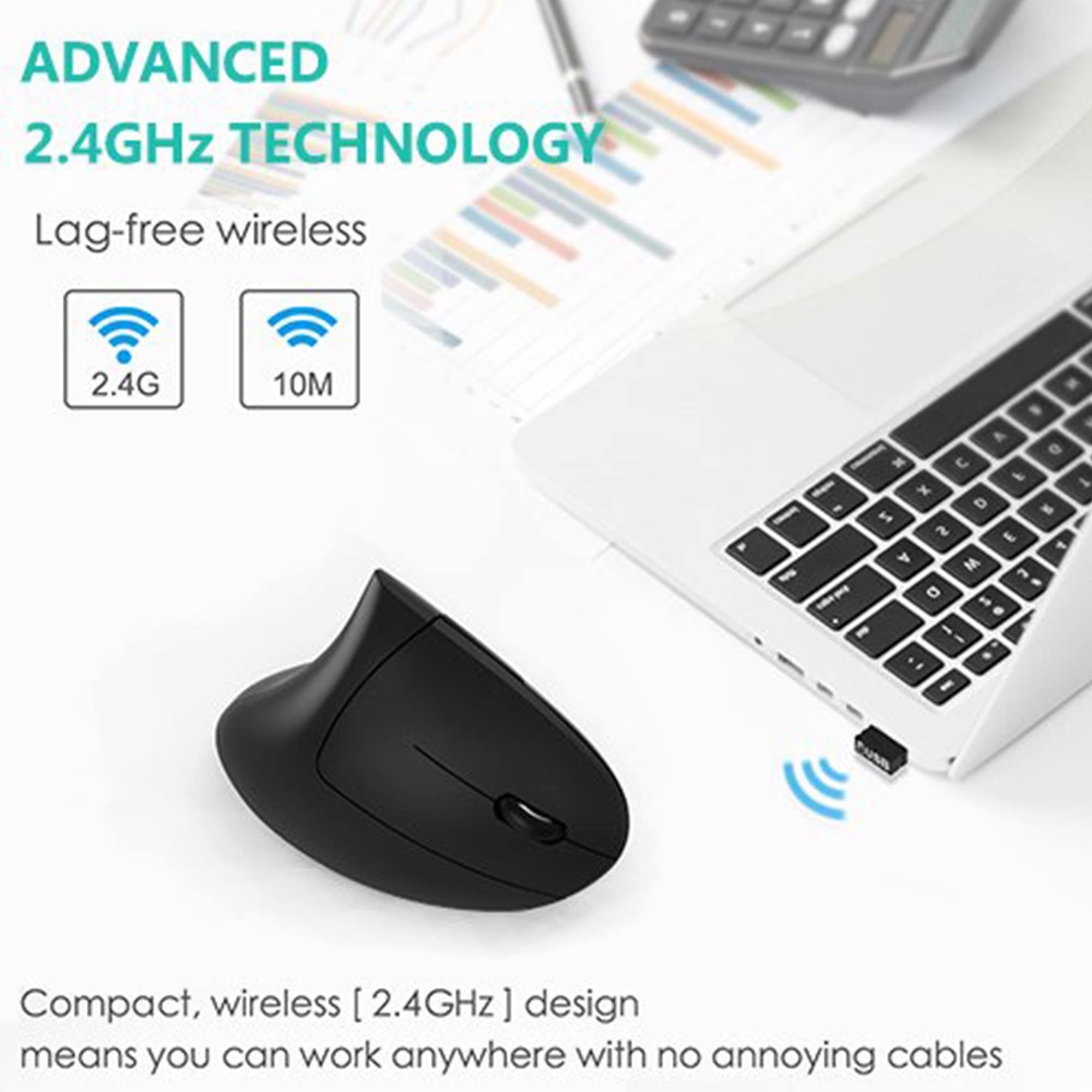 Lekvey Ergonomic Mouse, Vertical Wireless Mouse - Rechargeable 2.4GHz Optical Vertical Mice : 3 Adjustable DPI 800/1200/1600 Levels 6 Buttons, for Laptop, PC, Computer, Desktop, Notebook etc, Black