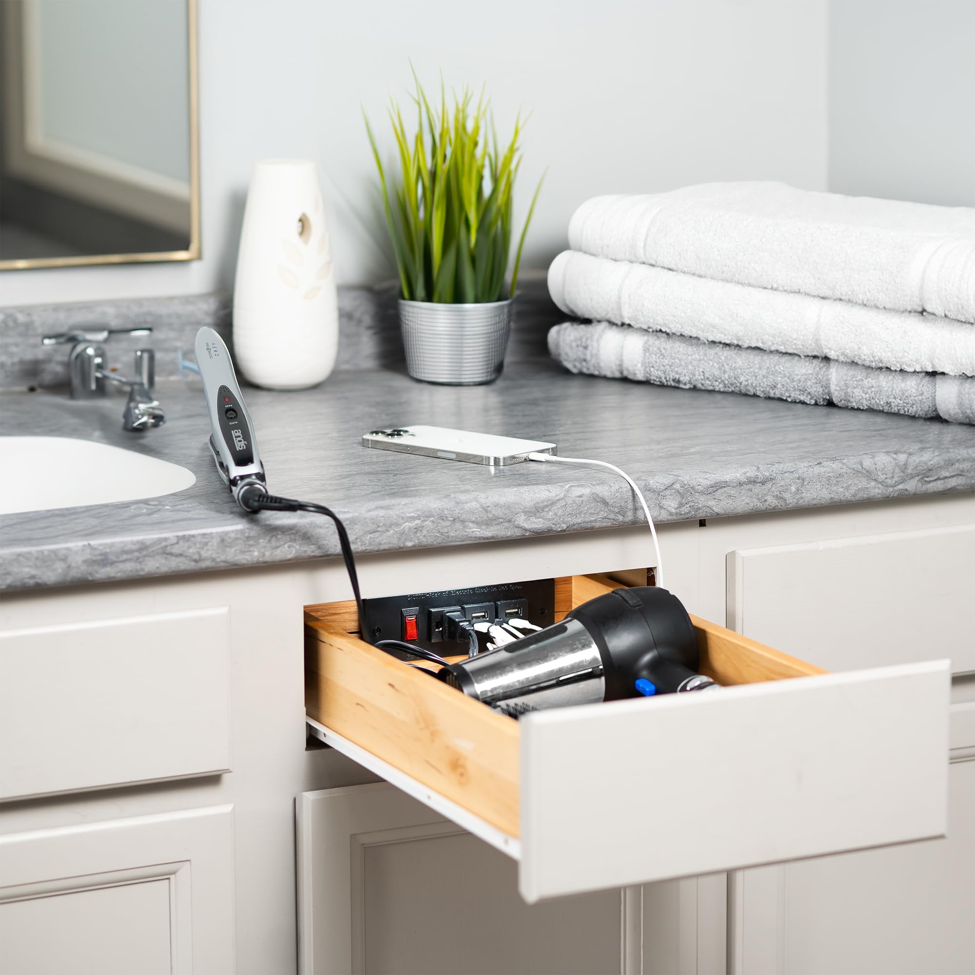 Life Finds Compact in-Drawer Charging Station Power Strip with 2 USB-A, 2 USB-C, AC Outlet, Black, LF-DOC1