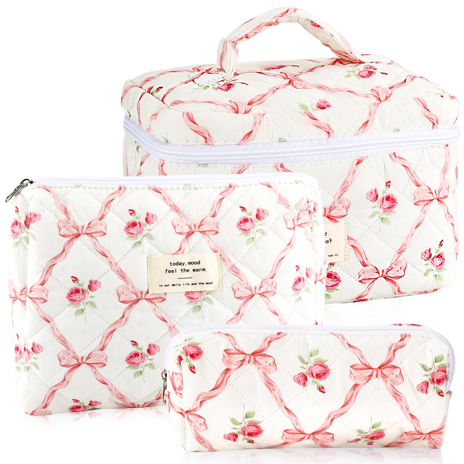 URSKYTOUS 3Pcs Cotton Quilted Makeup Bag for Women Girls Large Small Travel Floral Cosmetic Bags Set Cute Coquette Pink Makeup Pouch for Purse Aesthetic Cloth Flower Storage Toiletry Bag Organizer