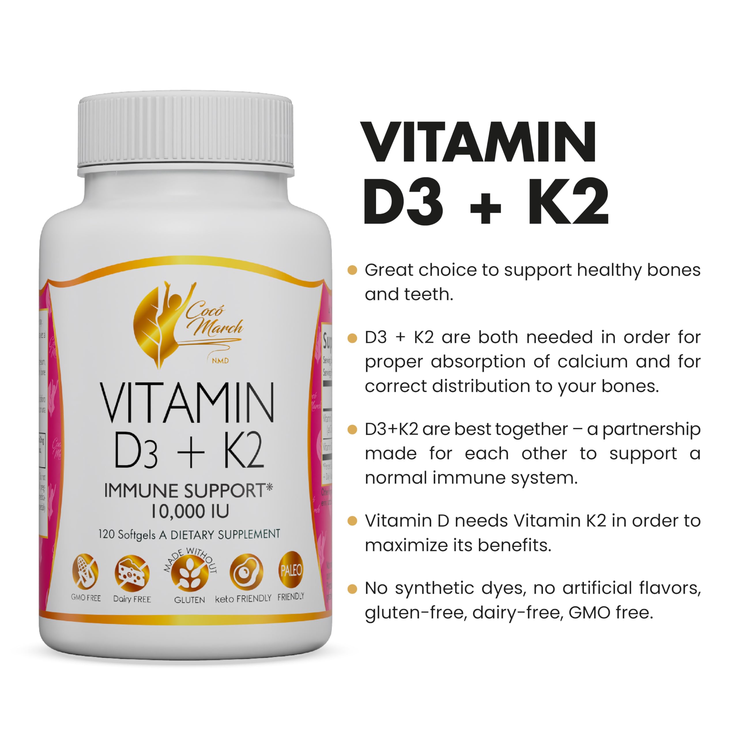 Coco March Vitamin D3+K2 10,000 IU - 4 Month Supply HIGH POTENCY - Immune & Joint Health Gluten Free, GMO Free, Dairy Free, Keto Friendly, Paleo Friendly, 250 mcg of D3-180 mcg of Vitamin K2