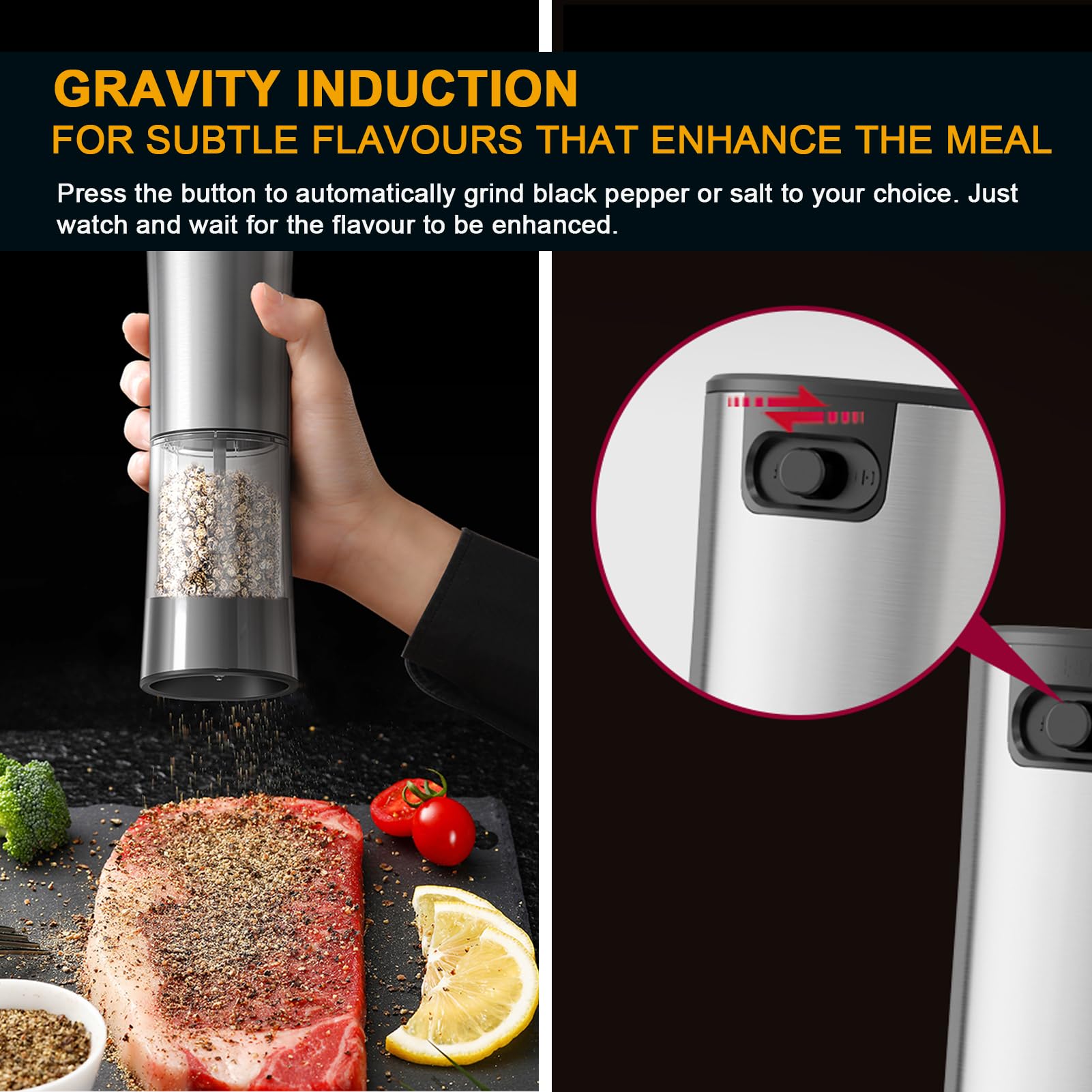 Electric Salt and Pepper Grinder Set — Gravity Rechargeable Salt Pepper Grinder with Charging Base and LED Light, Adjustable Coarseness, Large Capacity, One-handed Operation Salt Pepper Mills