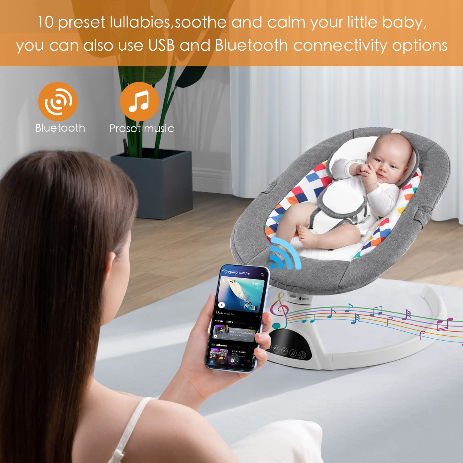 Soobaby Baby Swing for Infants,Electric Bouncer for Babies,Portable Swing for Baby Boy Girl,Remote Control Indoor Baby Rocker with 5 Sway Speeds,Music and Bluetooth