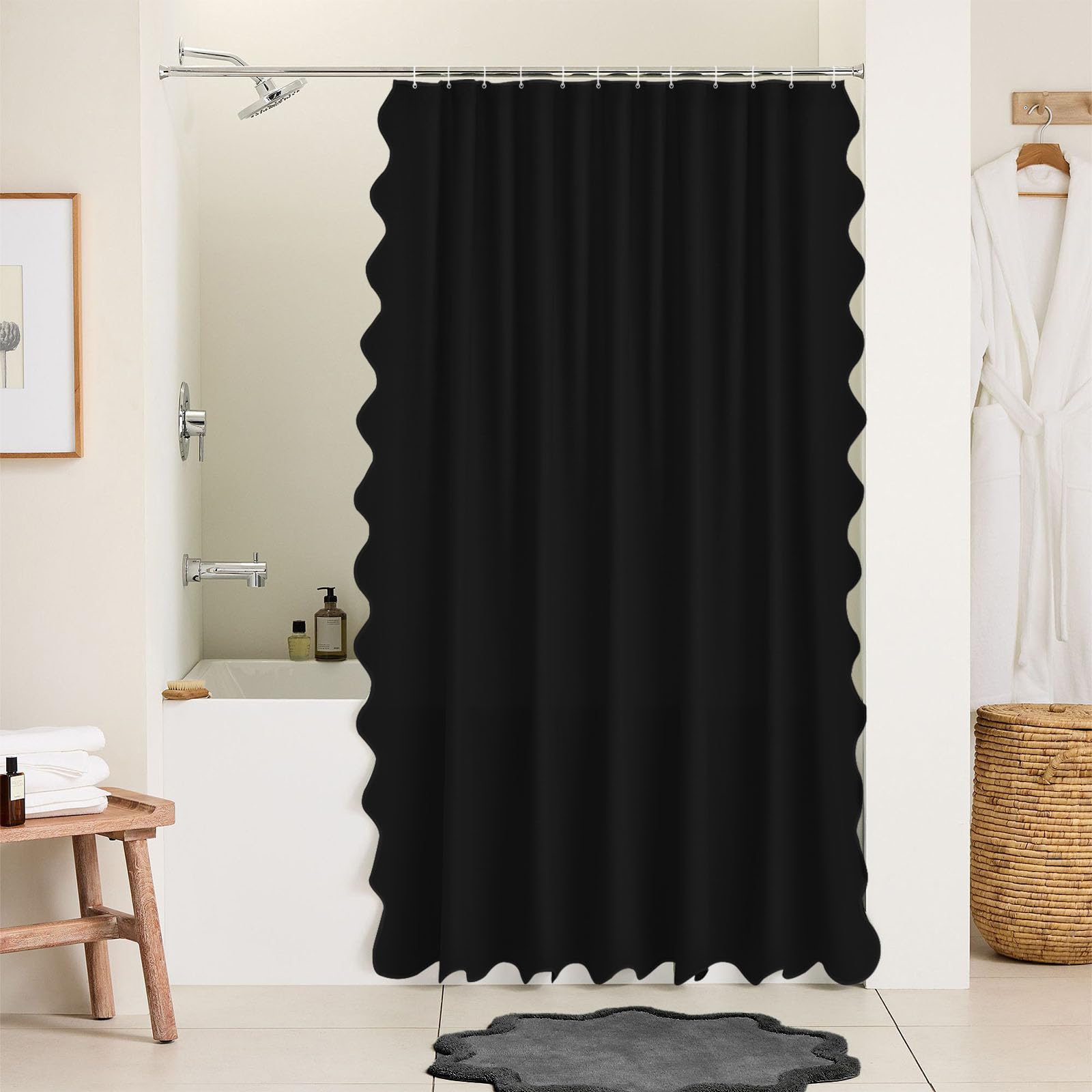 Seasonwood Black Scalloped Shower Curtain 72 x 72 Inches, Aesthetic Shower Curtain Elegant Pretty Shower Curtains Black