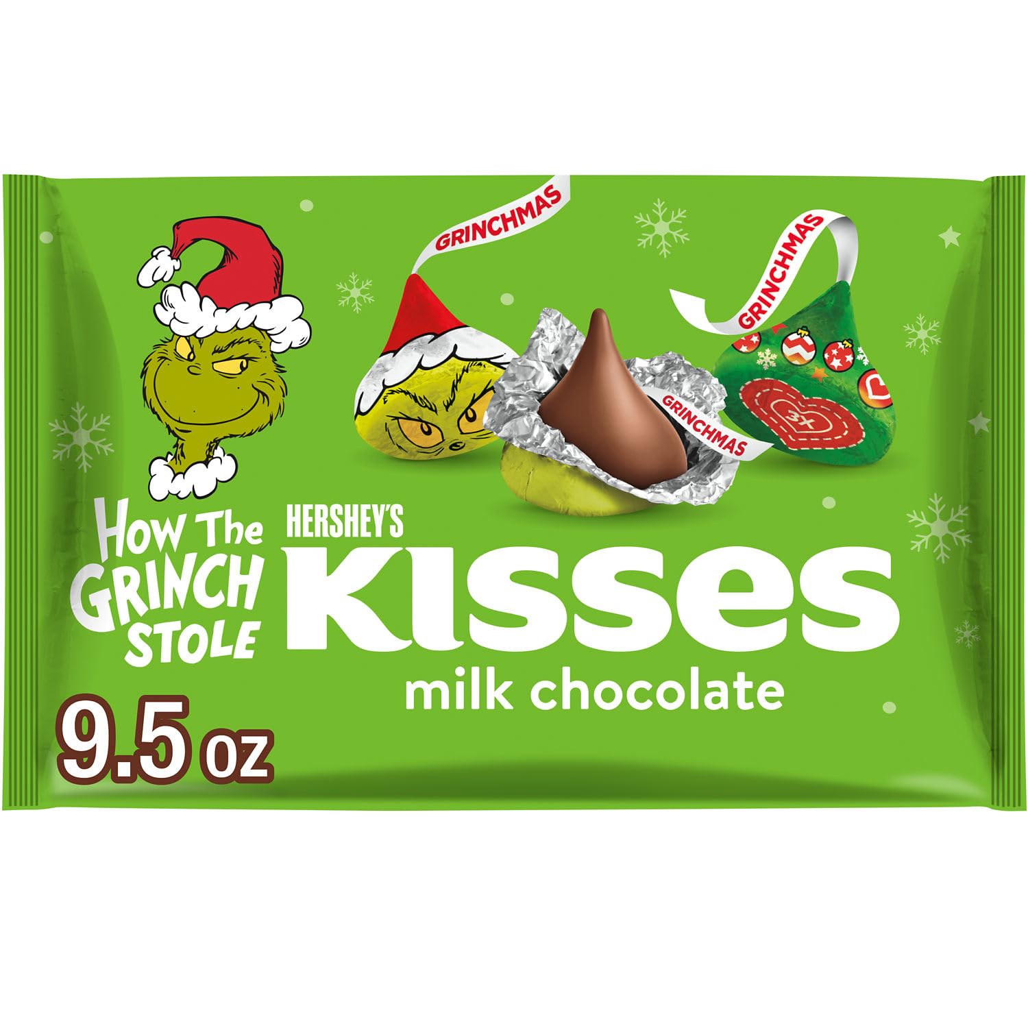 HERSHEY'S KISSES Grinch Milk Chocolate, Christmas Candy Bag, 9.5 oz