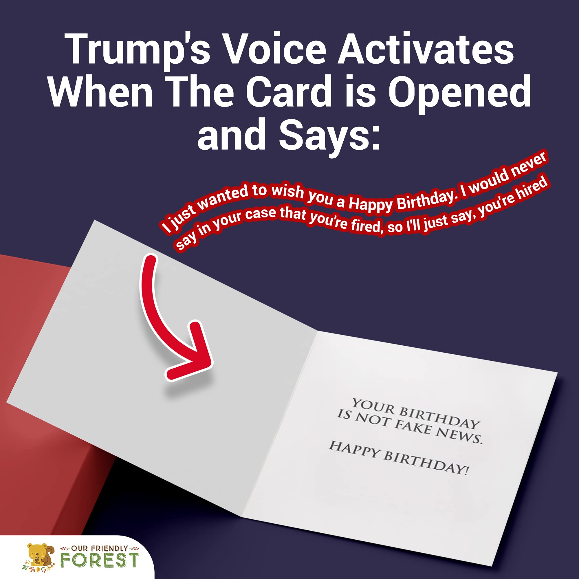 OUR FRIENDLY FOREST Talking Trump Birthday Card with Trump's REAL Voice - Trump Birthday Cards for Men, Donald Trump Gifts for Men, Funny Birthday Card for Women (Red)