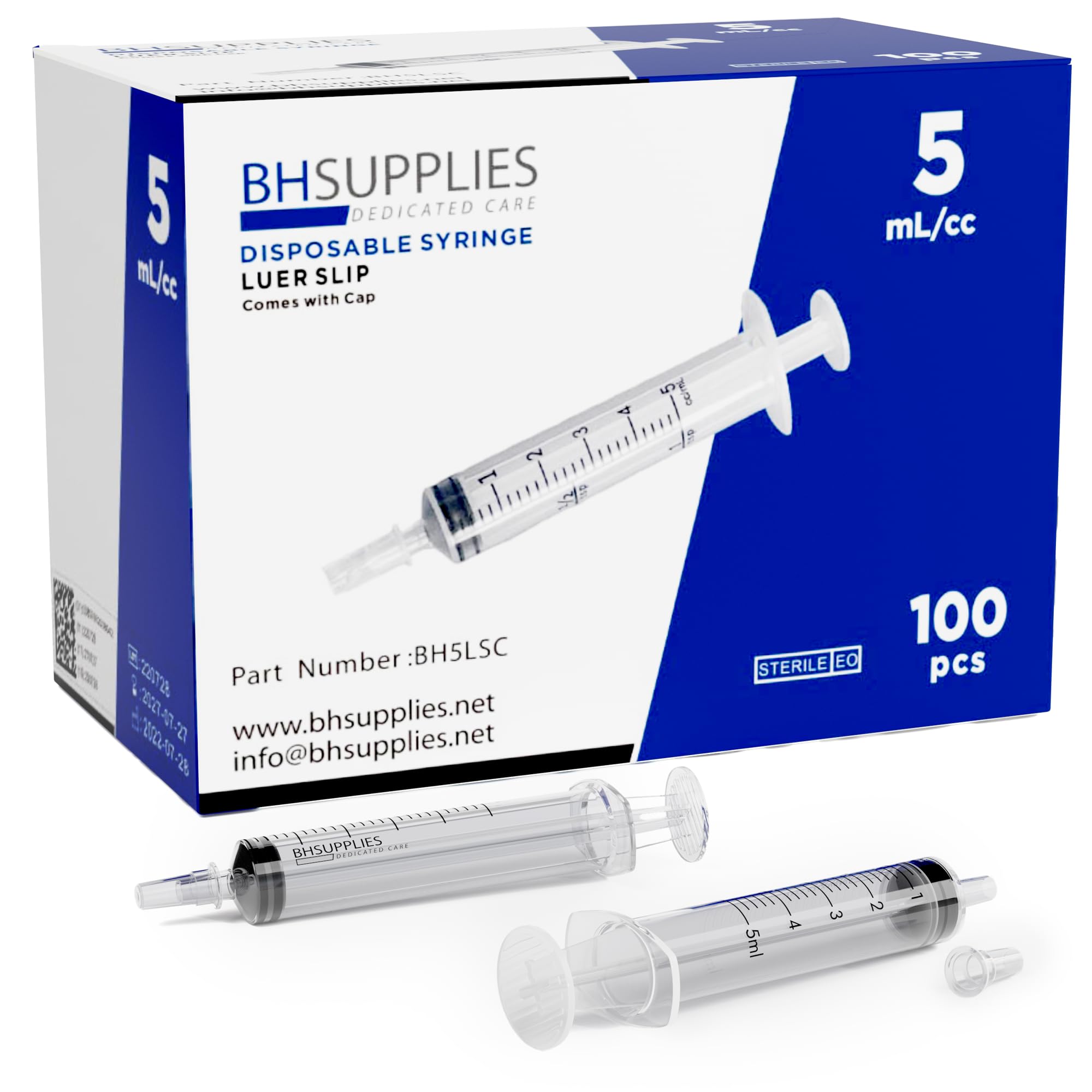 BH Supplies 5ml Oral Syringe with Cap (No Needle) - Sterile, Individually Wrapped - 100 Syringe