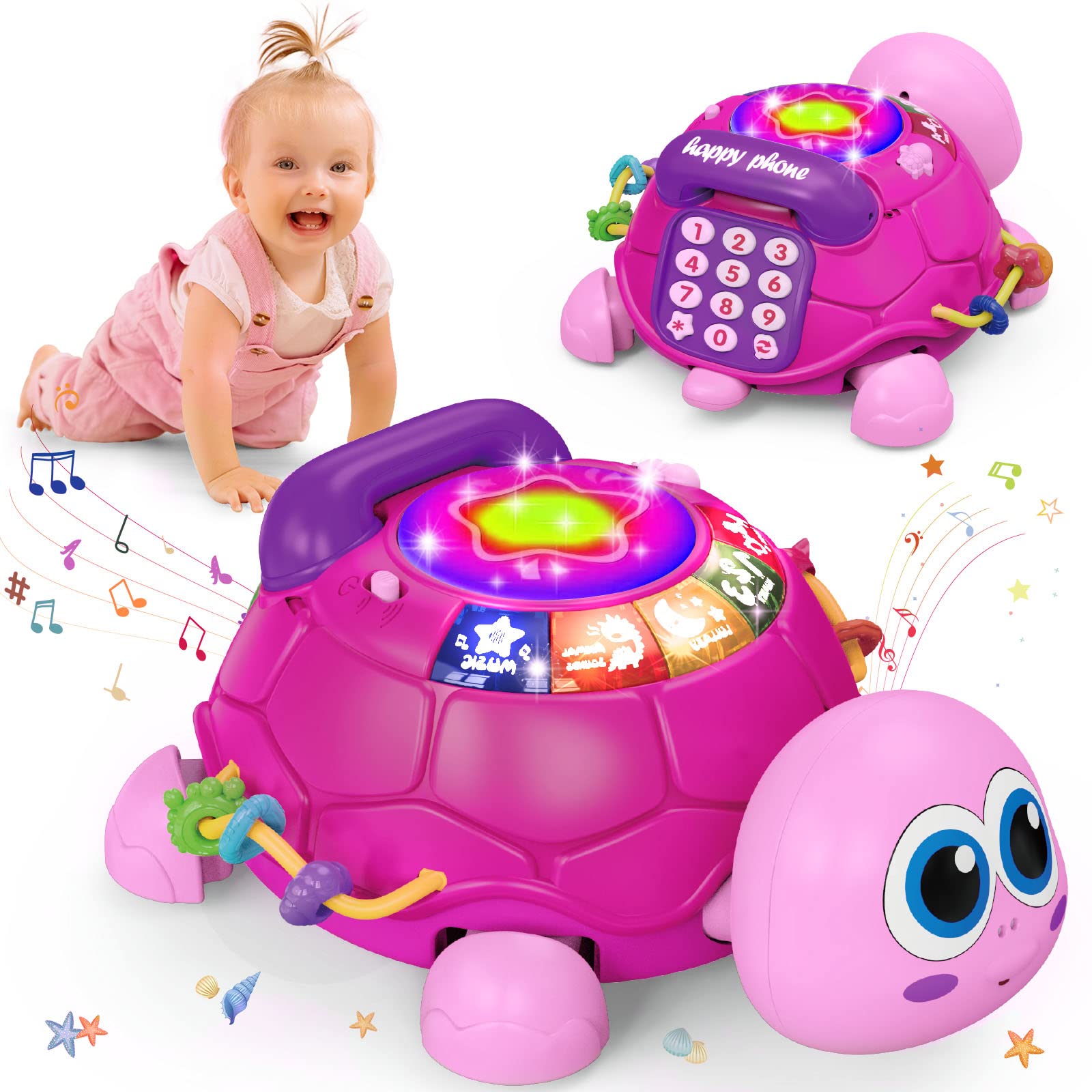 Hanayo Baby Musical Turtle Crawling Baby Girl Toys for 6-18 Months，Infant Early Learning Educational Toy，Baby Girl Gift Essentials for Newborn 7 8 9 11+ Months 1-2 Year Old(Pink)