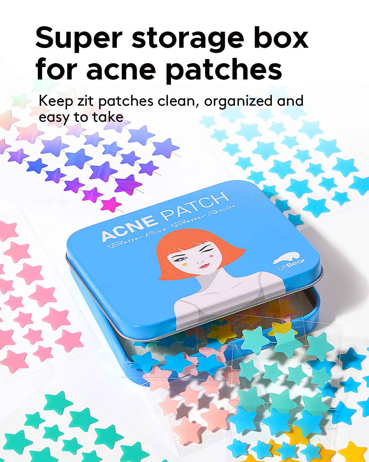 LitBear Acne Patch with Tea Tree & Centella Oil, 168 Hydrocolloid Dots in 6 Colors for Face - Cute Star Pimple Stickers