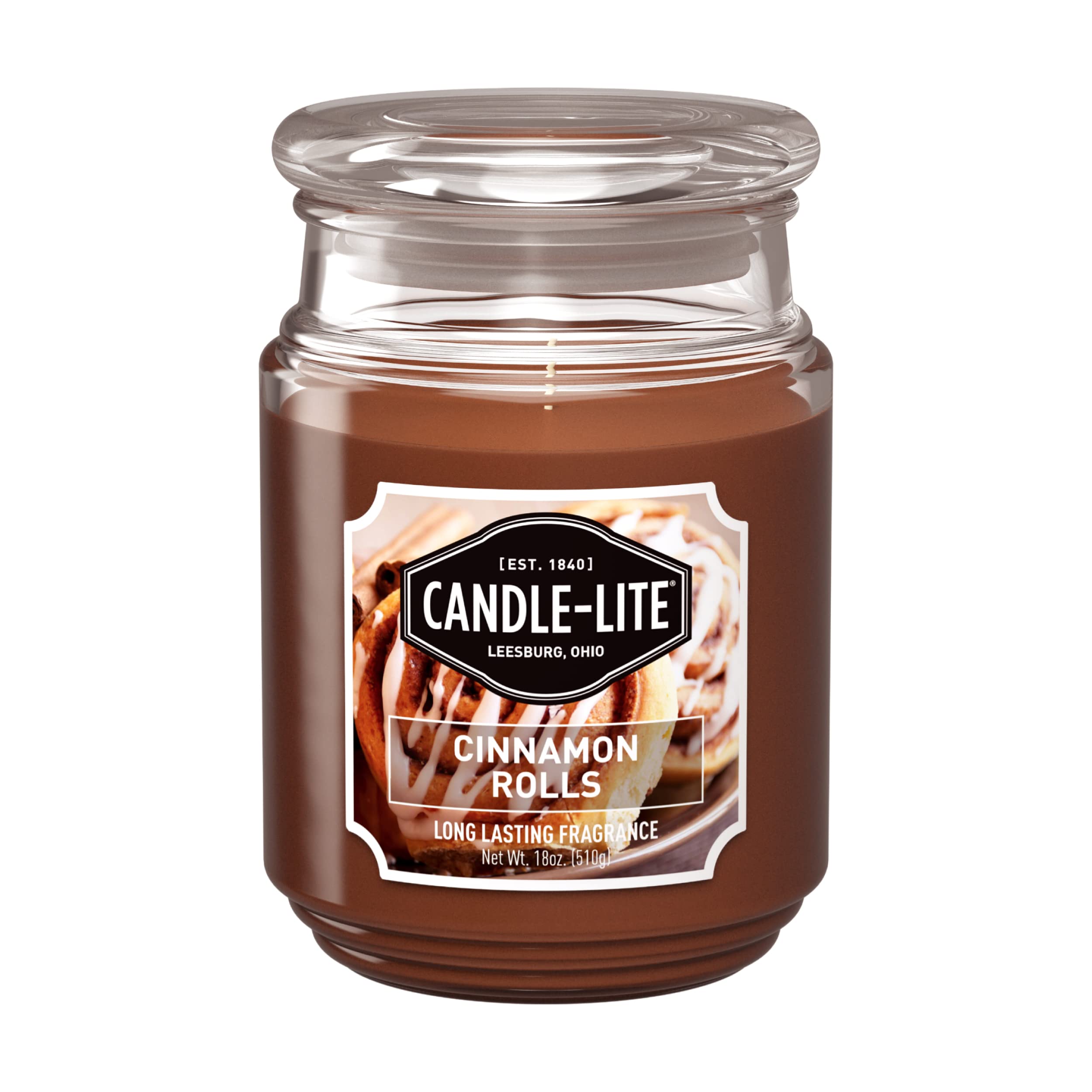 Candle-lite Scented Candles, Cinnamon Rolls Fragrance, One 18 oz. Single-Wick Aromatherapy Candle with 110 Hours of Burn Time, Brown Color