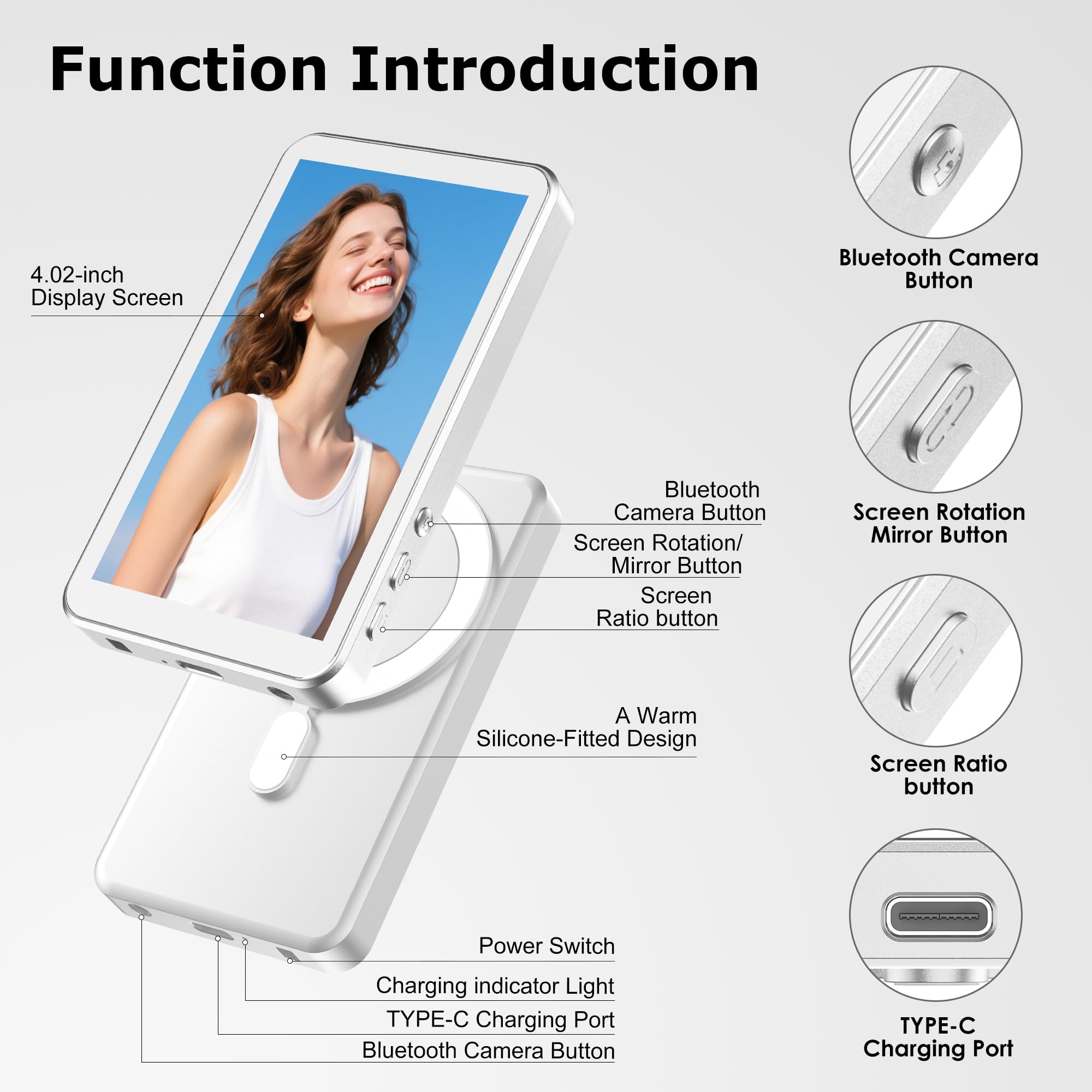 Vlog Selfie Monitor Screen for iPhone 17 Series & Android, Wireless Magnetic Built-in Speaker 4K/1080P Phone Back Camera Monitor with Remote Control for Live Stream TikTok (White)