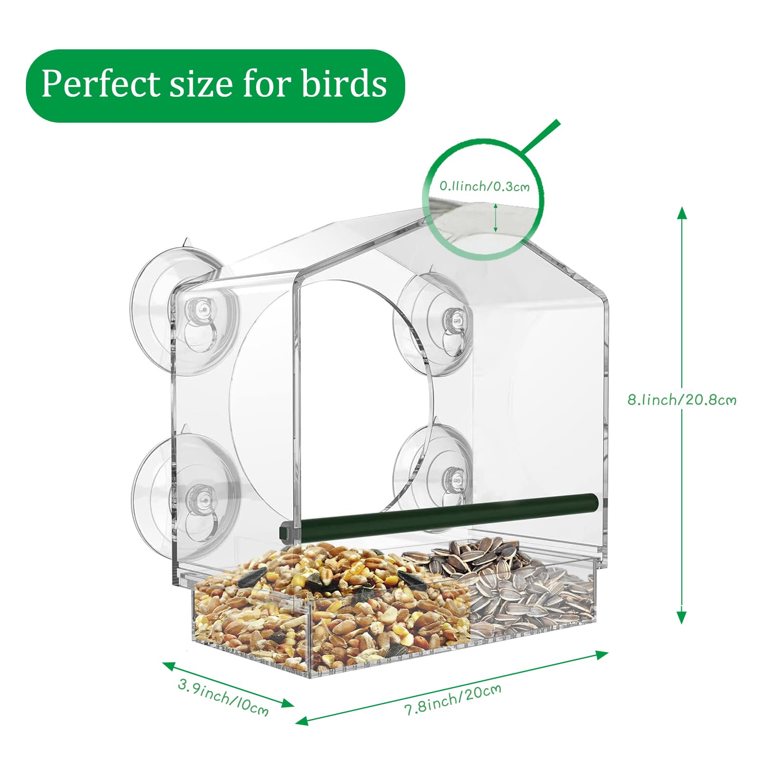 Window Bird Feeder with 4 Extra Strong Suction Cups, Drainage Holes Detachable Seed Tray Easy Install and Clean Bird Feeders for Window Outdoor Window Bird Feeders for Viewing