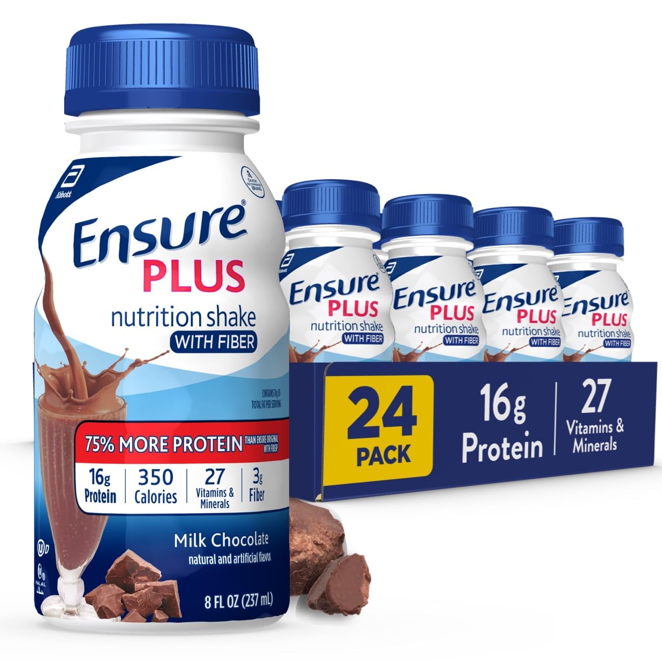 Ensure Plus Milk Chocolate Nutrition Shake With Fiber | Meal Replacement Shake | Ready To Drink | 16g Protein and 27 Vitamins and Minerals | 8 fl oz - 24 Pack