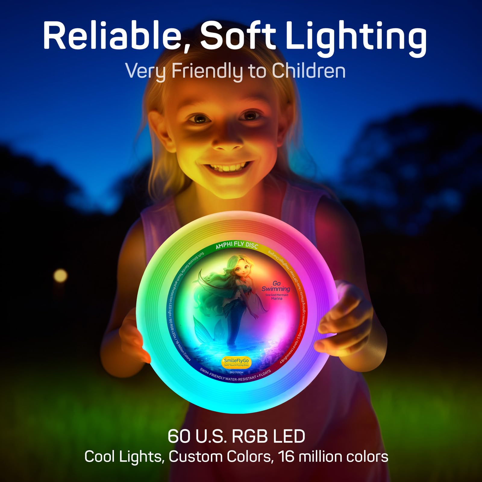 LED Flying Disc for Kids - 16 Million Colors RGB 60 LEDs Bright, Rechargeable & Waterproof, Floats for Night/Water Play, Silicone Soft Touch, Fun Christmas, Birthday, Camping Gift for Boys/Girls/Teens