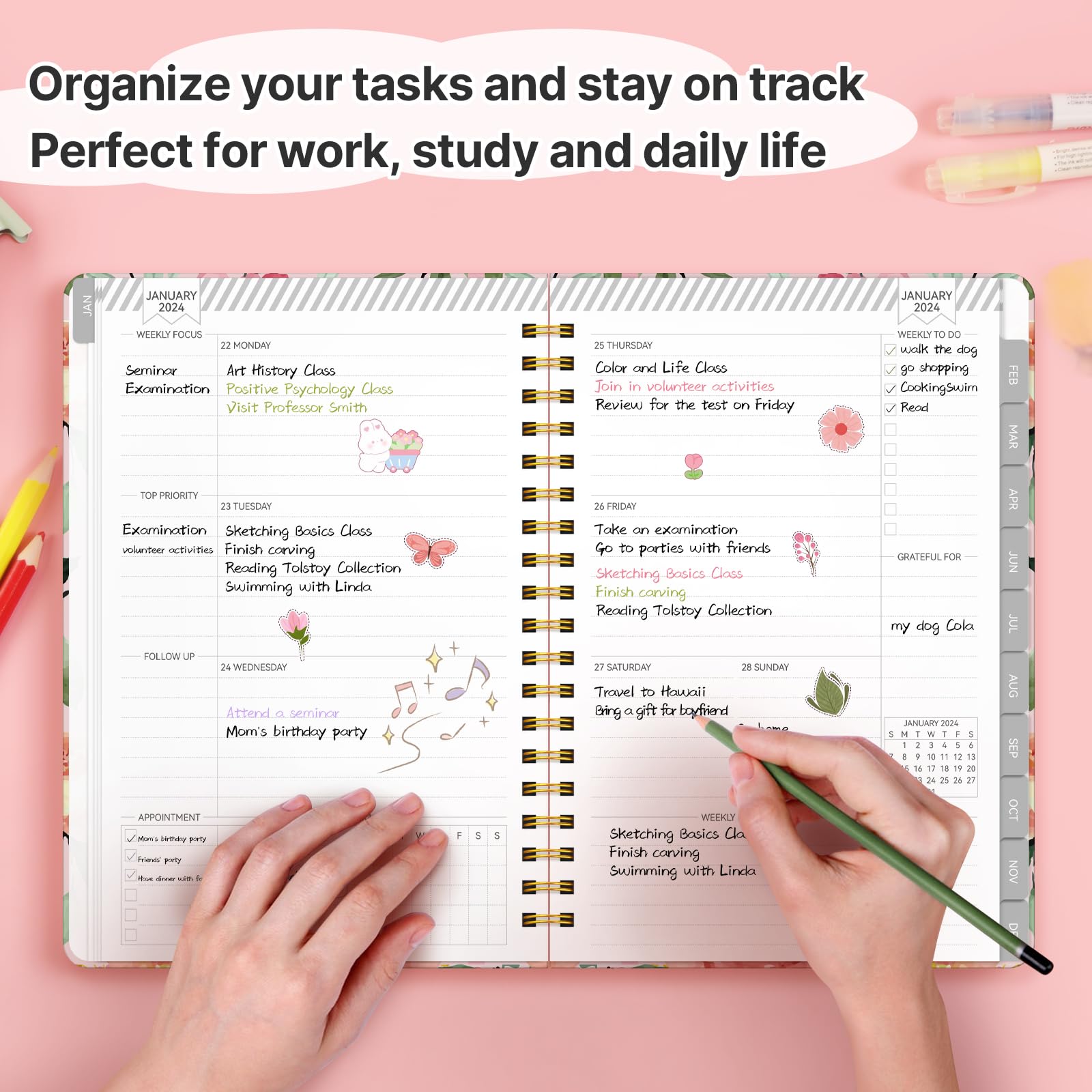 GETINK 2024 Planner Daily Weekly and Monthly for Women, Jan.2024 - Dec.2024, Hardcover Agenda 2024 Calendar Planner Book with Monthly Tab, Spiral Bound, Inner Pocket (7.5”×10”, Flower Pink-24 Year)