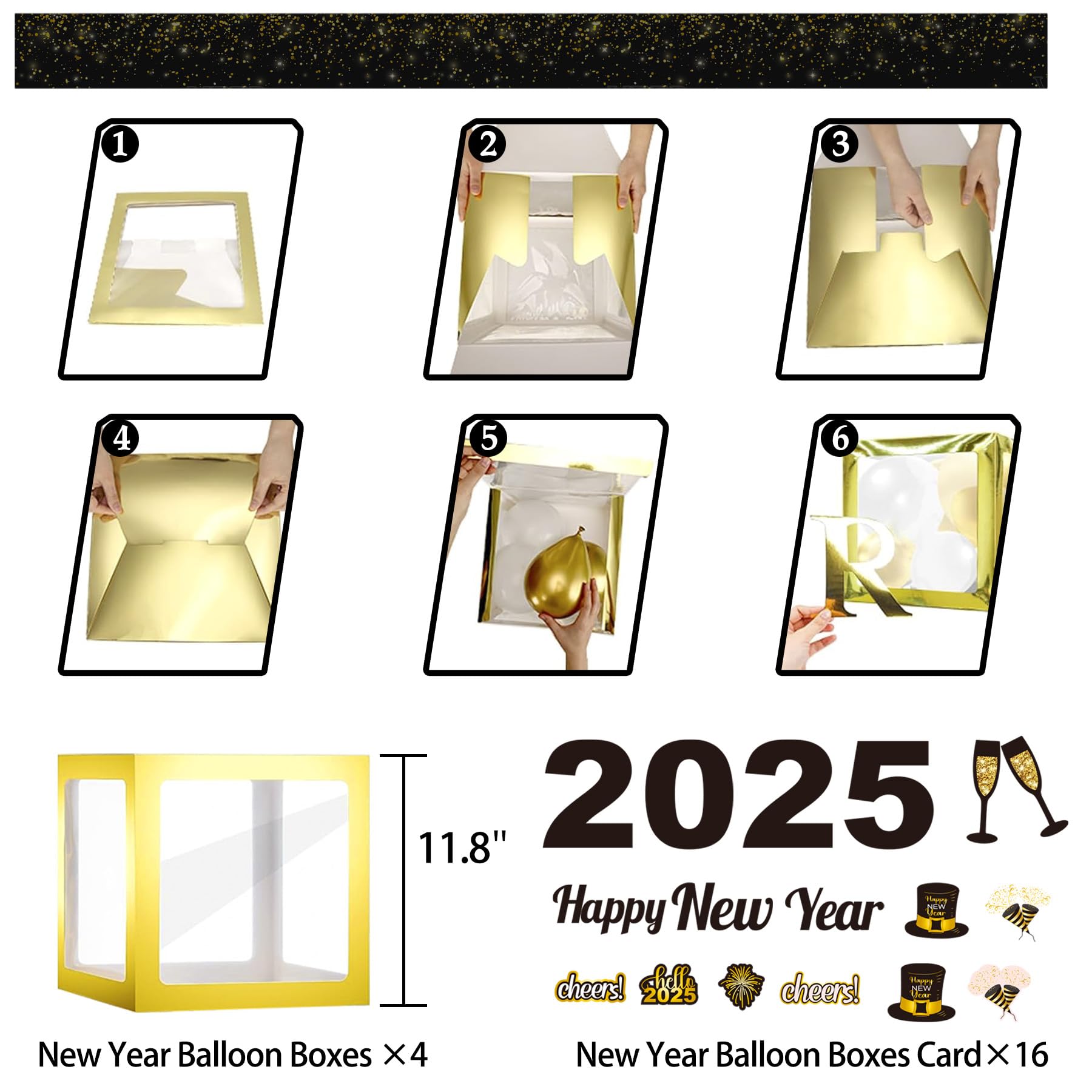 Happy New Year Party Decoration 2025 - Black and Gold Party Balloon Boxes Supplies - Includes Balloon Boxes, Balloon, Light Strings, Banner, Foil Balloon, New Years Eve Decor Kit